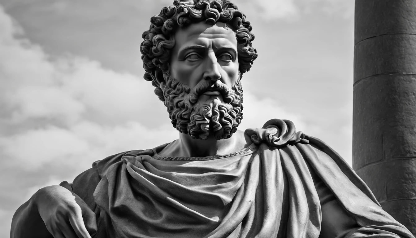 a portrait statue of the stoic Marcus Aurelius and white 4K,Face de lado, papel de parede super realista com fogo atras, fogo no fundo, chamas
