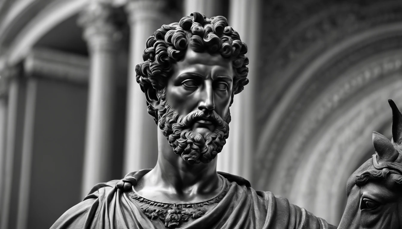 a portrait statue of the stoic Marcus Aurelius in black and white 4K,Face de lado, papel de parede super realista,homem forte,musculoso