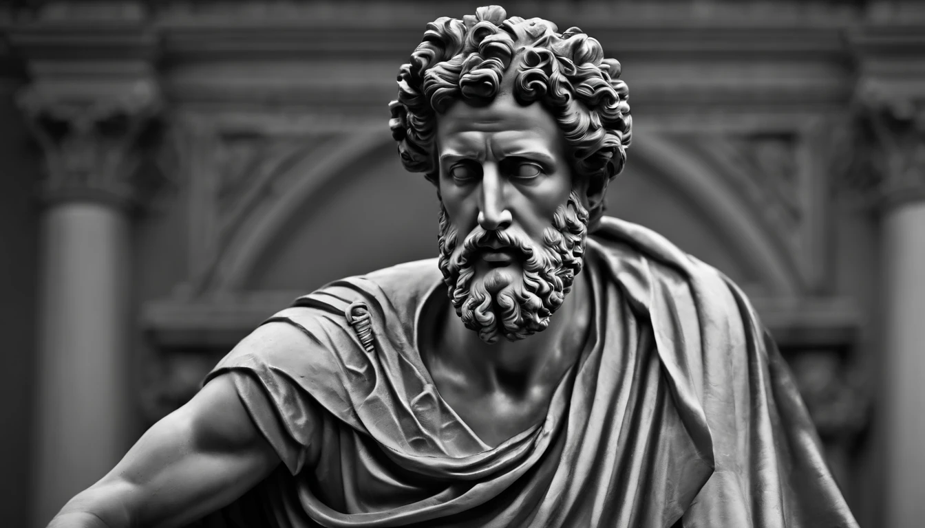 a portrait statue of the stoic Marcus Aurelius in black and white 4K,Face de lado, papel de parede super realista,homem forte,musculoso