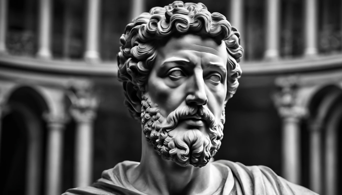 a portrait statue of the stoic Marcus Aurelius in black and white 4K,Face de lado, papel de parede super realista,homem forte,musculoso