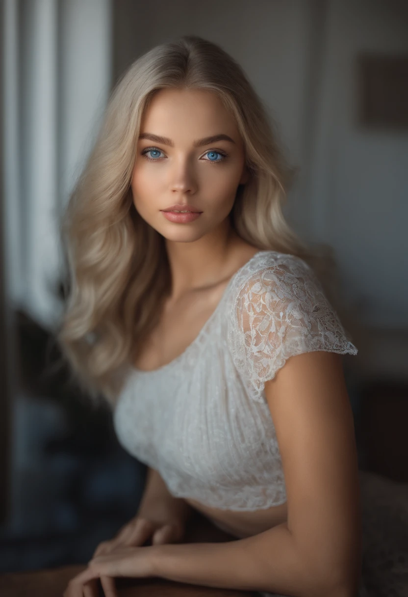 sexy girl with blue eyes, ultra-realistic, meticulously detailed, portrait sophie mudd, blonde hair and large eyes, selfie of a young woman, without makeup, natural makeup, looking directly at the camera