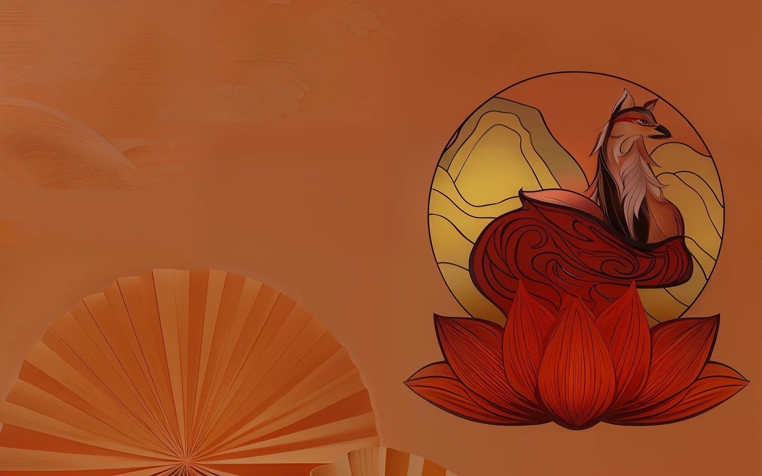 There are two red fans,There is a picture of a bird on it, Chinese style, inspired by Itō Jakuchū, Banner, website banner, oriental art nouveau, japanese related with flowers, inspired by Shūbun Tenshō, Style three-dimensional painting, Lotus, inspired by Park Hua, inspired by Sōami,China-style,dull red,