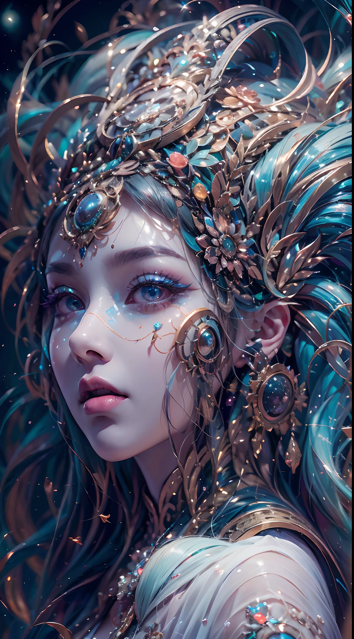 (best qualtiy,ultra - detailed,Most Best Illustration,Best shadow,tmasterpiece,A high resolution,professionalartwork,famousartwork),Sky blue picture style,Detailed eyes,beautidful eyes,closeup cleavage,sci-fy,colored sclera,Robot eyes,face markings,Tattooed with,(fractalized,Fractal eyes),largeeyes,Wide eyes,(Eye focus),sface focus,Cosmic eyes,Space eyes,Close-up of metal sculpture of a woman with a moon in her hair,goddes。extremly high detail,3 d goddess portrait,Extremely detailed footage of the goddess,a stunning portrait of a goddess,Full body close-up portrait of the goddess,hecate goddess,portrait of a norse moon goddess,goddess of space and time,pureerosface_v1,ulzzang-6500-v1.1,