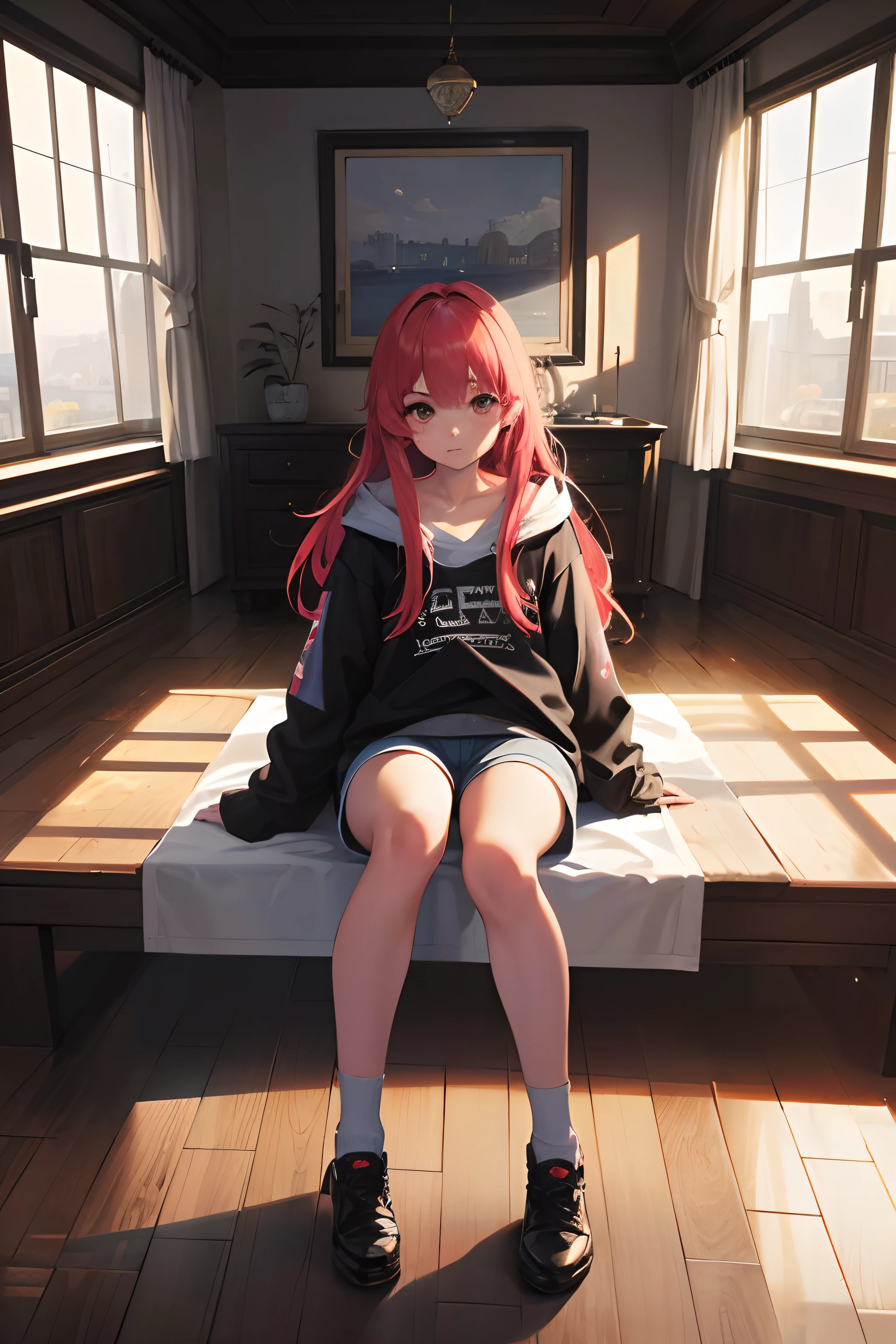 1girl.solamente,ojeras, alegre,sudadera desabrocahada, mini shorts, cuarto friki,(trasero:1.2),Cinematographer, Obra maestra, Foto realism,La mejor calidad, Super High Resolution, Foto RAW, photo session, profesional, Amazing expression, De color, surrealismo, Obra maestra, La mejor calidad, HDR, punto de vista, highest qualityr, foco nítido, Digital Artistic Representation, 8k, GAMER ROOM