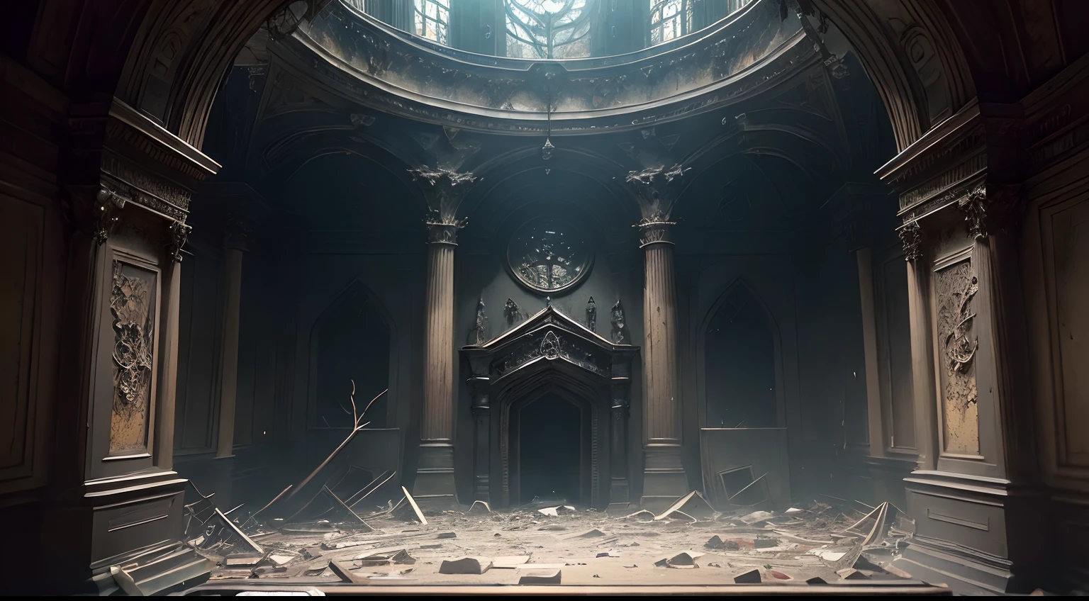 ((photo)), ((best quality)), ((masterpiece)), ((detailed)), ((cinematic), ((captured from eye level)), a dark gothic and creepy professional photo backdrop with lots of ornate stonework and a large room filled with debris and dead and rotten foliage, particle swirling, portal open to an alternate dimension showing a bright and beautiful world beyond the opening is prominent.