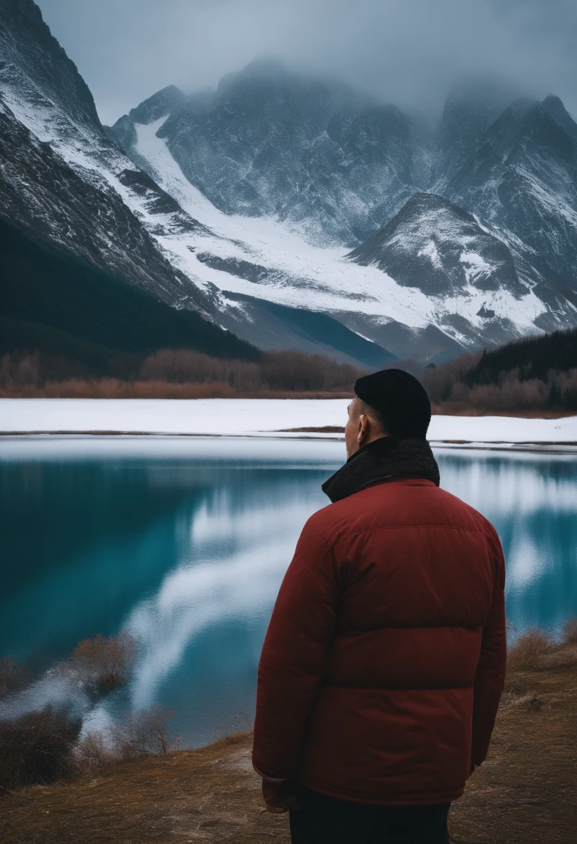 40-year-old man standing by the lake、Snow-capped mountains in the distance、looking left、I'm worried、Anger too