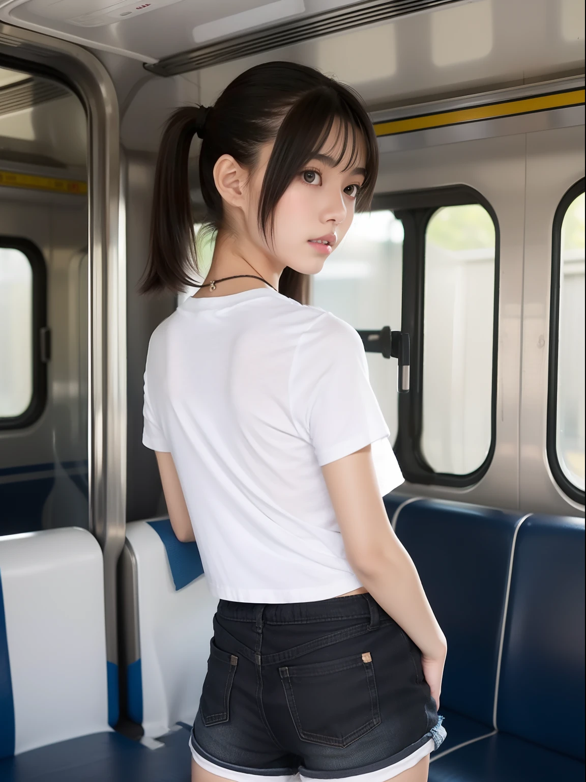 Looks Back，年轻，(shortpants)，white t-shirts，teens girl，Delicate body，petite body，Delicate body，small tits，tiny chest，Short，A dark-haired，Twin-tailed，poneyTail，In the train car