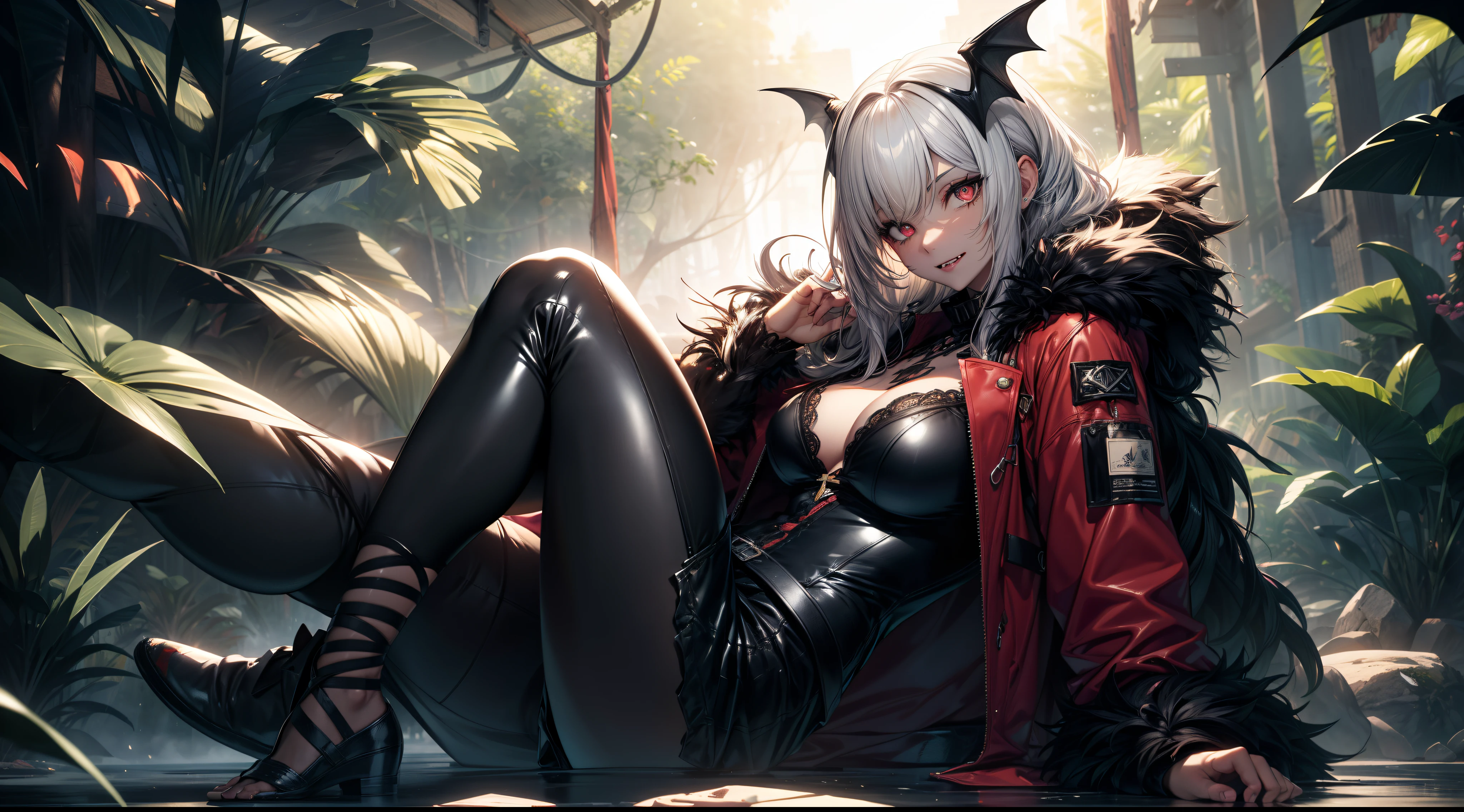 realistic photo of slaved (savage, tribal, jungle)_vampire with (white hair), bat fur, coat|wings, ((fangs)), colorful extremely_detailed_(tribal, jungle)_tight_(lacy, leather, fur, silk, satin, latex)_(clothing, skirt), high collar, detailed face, detailed beautiful shiny red eyes, slit pupils, (((seductive laying))), metallic reflections, ((tatooed, marked)_with_shining_runes)_fit_muscular_body, shiny skin, tropical city ruins fog, (((1girl))), portrait, (full body), natural breasts, medium length white hair, masterpiece, best quality, beautiful and aesthetic:1.2, fractal art:1.4, 16K, HDR, RTX, Ray Tracing, Radiosity, Anisotropic Filtering, Subsurface Scattering