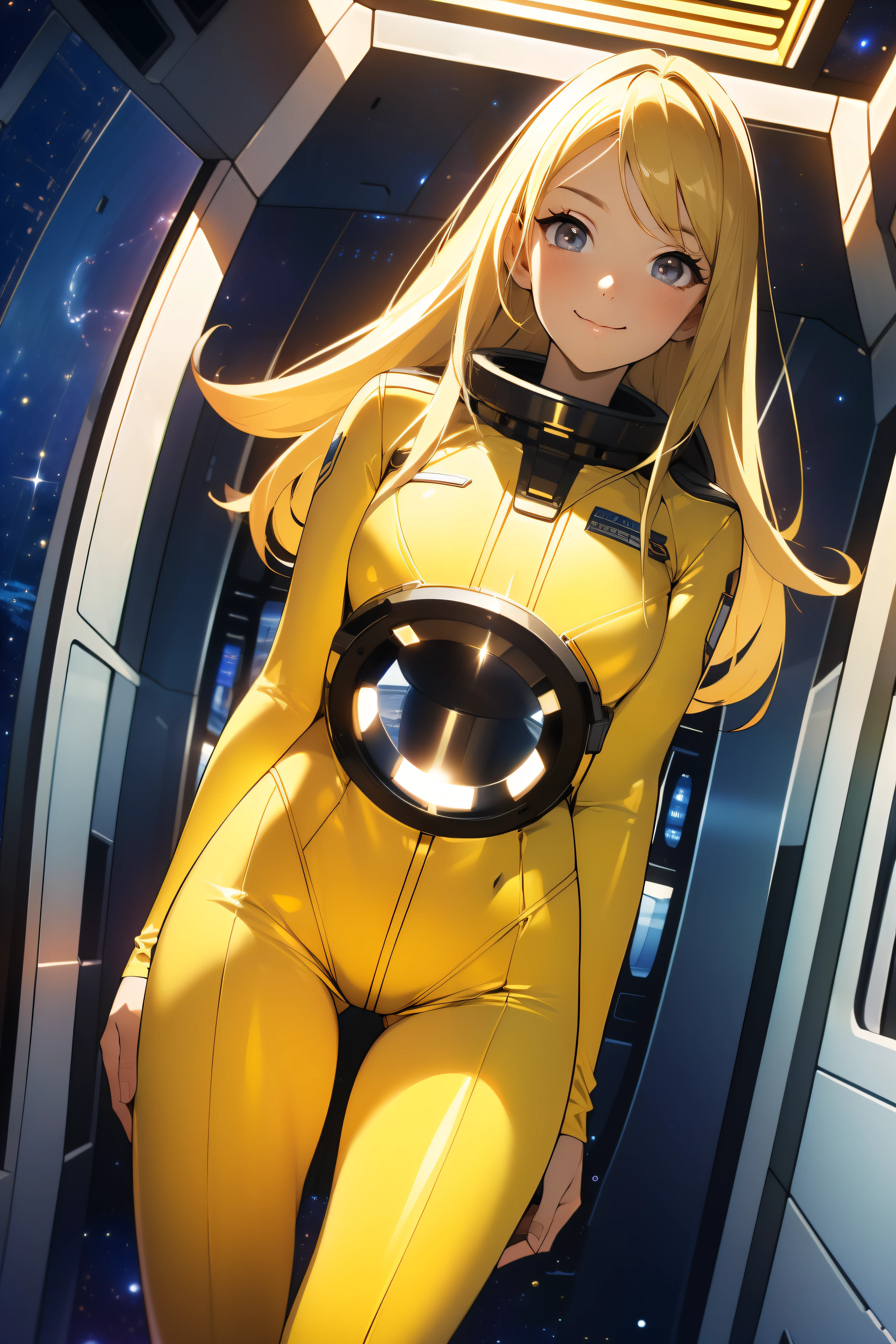 (masterpiece, best quality:1.2), (cowboy shot:1.1), solo, 1girl, mori yuki, slight smile, closed mouth, looking at viewer, blonde hair, thigh gap, yellow bodysuit, skin-tight, perfect body, belt, large window, (starship porthole:1.3), from front, (spread legs:1.3), (standing:1.1), thigh gap, perfect hands, bright starship interior, (outer space view:1.1), (orbital view:1.3), (night, stary sky:1.5), milky way