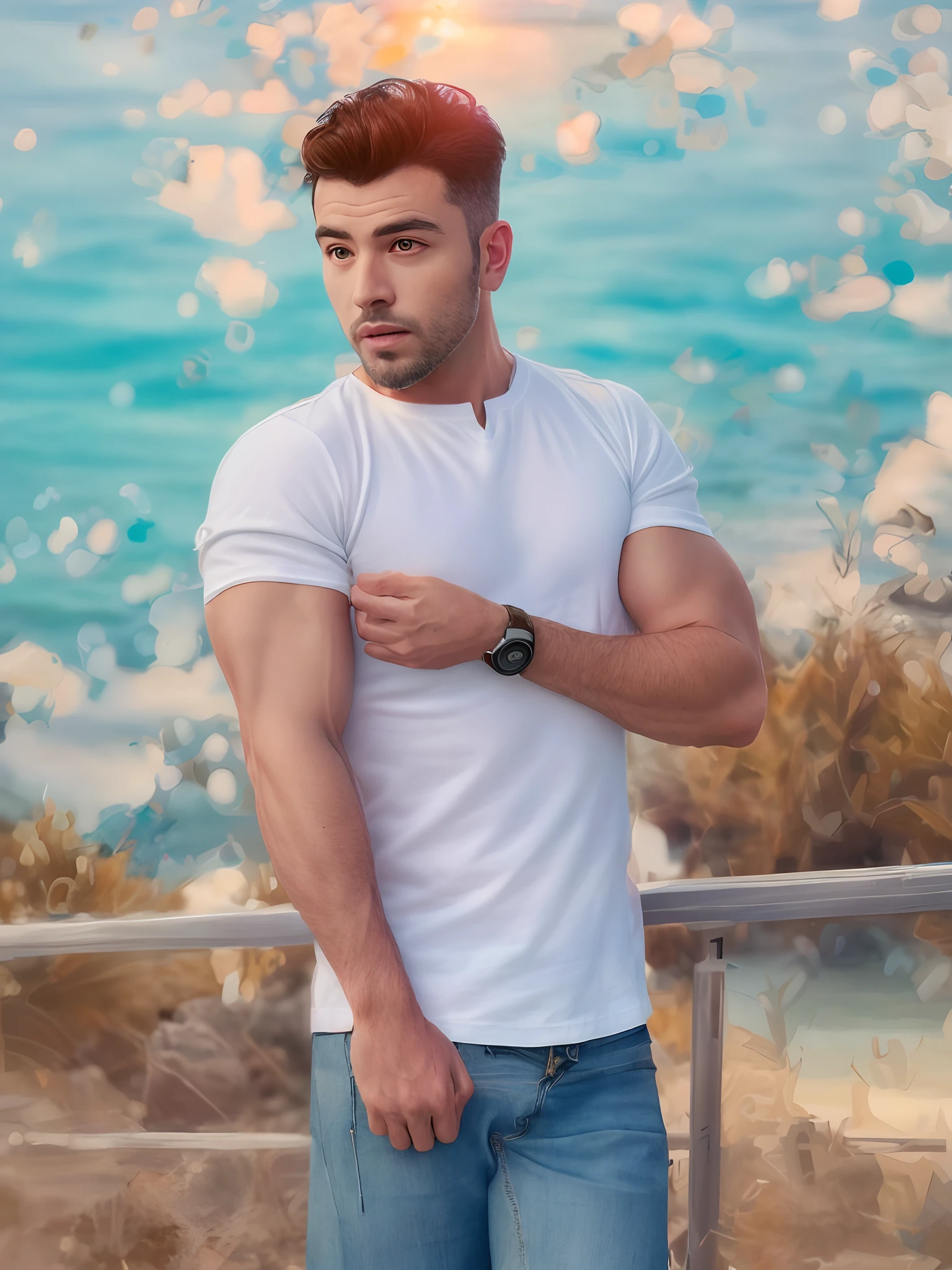 Handsome sexy Man sitting on a rock by the sea in a colorful sunset. He is dressed in jeans and shirt ((white without buttoning)). Photorealistic style. Intricacy. Hyper-detailed. 8k. High quality