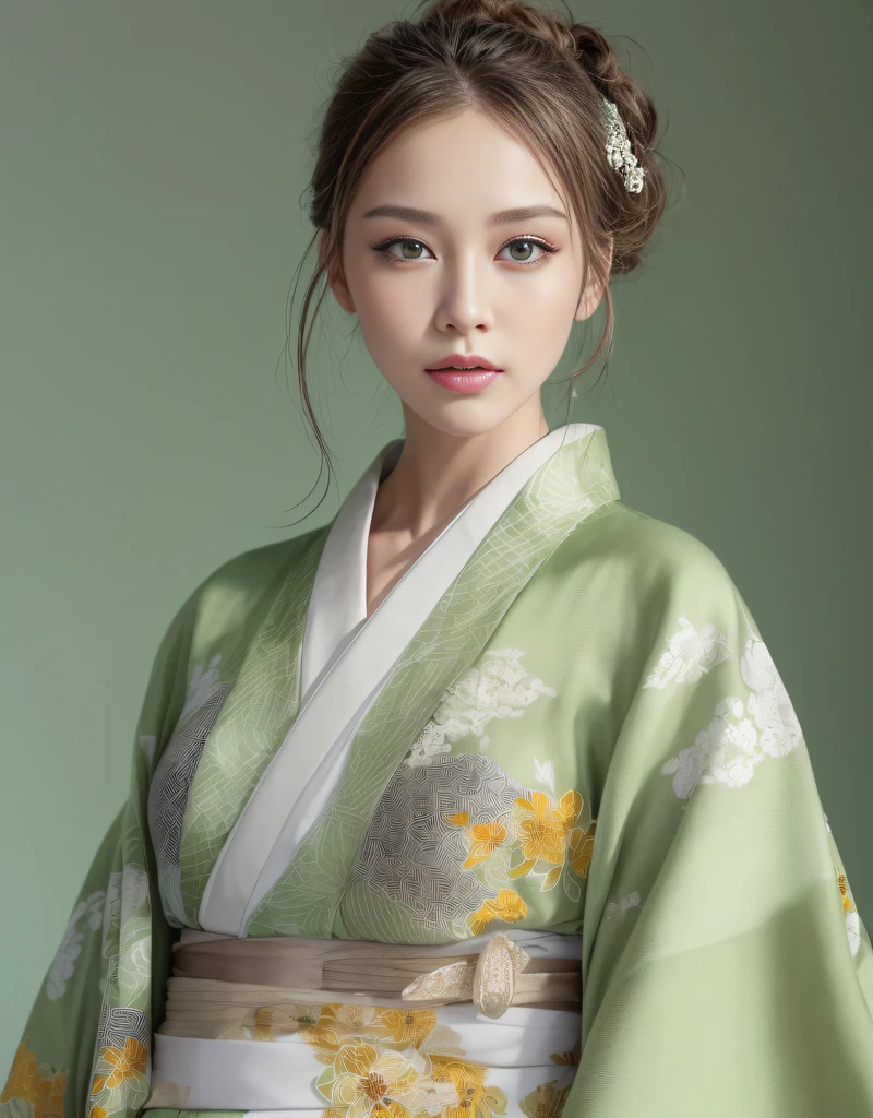 (Beautiful model in Japanese kimono commercial), (solo), ((face is 70% beauty and elegance, 30% pretty and cute:1.5)), (Her roots are in Eastern Europe and Asia), clear eyes, (detailed eyes, light green eyes, bright pupils), Double Eyelids, (sexy lips with a little thickness:1.2), super detailed and incredibly high resolution Kimono, Highly Detailed Face Texture, striking body shape, curvy and very attractive woman, The color of the kimono is 65% white and 35% matcha-green, high-resolution RAW color photo pro photo, BREAK ultra high-resolution textures, High-res body rendering, big eyes, unparalleled masterpiece, incredible high resolution, super detailed, stunning ceramic skin, BREAK (Wearing a white kimono with plenty of bright matcha green color), (The main color is gentle white, the bright matcha green stands out, and black is used as an accent), (elaborately made classical Japanese white kimono), ((The pattern is boldly, bravely, and elegantly dyed with bright matcha green, and is delicately accented)), (A black obi that matches this kimono), ((A white kimono with delicate and elegant patterns in bright matcha green)), (The background is a dry landscape created with bright matcha green and black) BREAK ((Best Quality, 8k)), Crisp Focus:1.2, (Layer Cut, Big:1.2), (Beautiful Woman with Perfect Figure:1.4), (Beautifully shaped and big breasts:1.3), Slender waist, (Correct hand shape:1.5), (Full body shot | cowboy shot | back view)