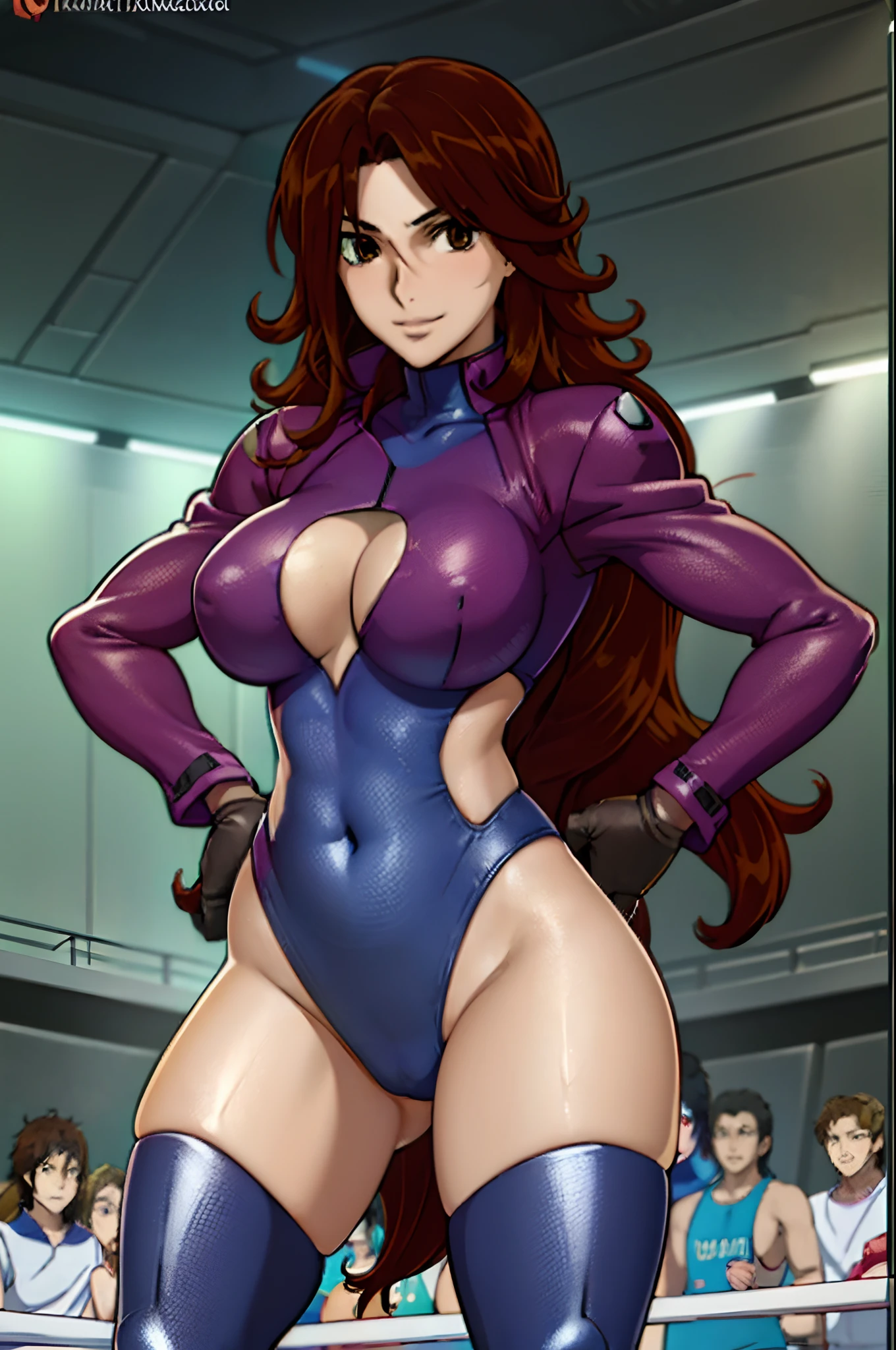 cowboy shot, anime style: 1.8, anime drawing, ultra detailed face, ultra detailed body, 4k, Sumergai Lee Noriega, (standing, hands on hips), best quality, anime style, hires, highest definition, digital blending, bold drawing lines, (very slim body), (location: wrestling arena, crowds watching), (), ((black wrestling gear: leotard, boots, gloves, collar band, black gear)), victorious, winner, smile, (pale skin, shiny skin), (big breasts), (big eyes, brown eyes), (warming up), (brown, long hair), 27 years old,