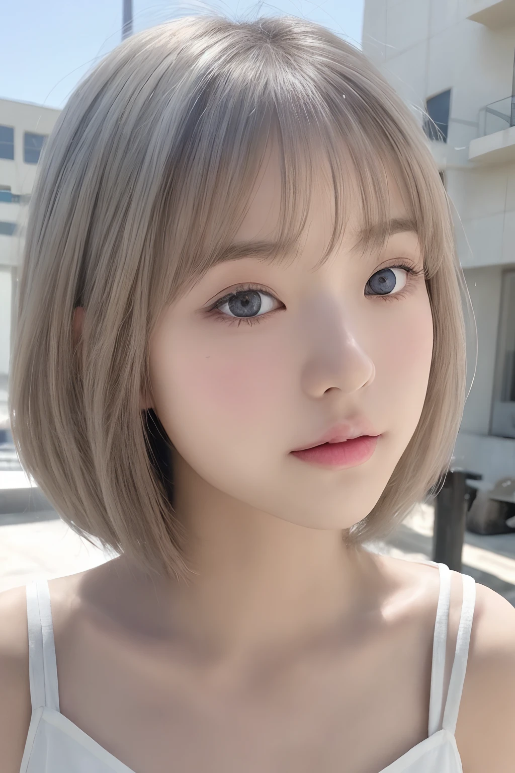 (Detailed and realistic portrait of pretty face girl)、(Shot outside with round eyes and long flapping hair)、staring directly at camera、magical photography、Dramatic Lighting、Photographic realism、ultra-detailliert、 Intimate portrait composition、(Center image composition)、(up close shot:1.6)、top-quality、F / 1.8、85 mm、 ( women), silber hair、short-hair,(brue eyes:1.2),(bangss),makeup,white_Dress, (Hazy blue_skyporn_Background)