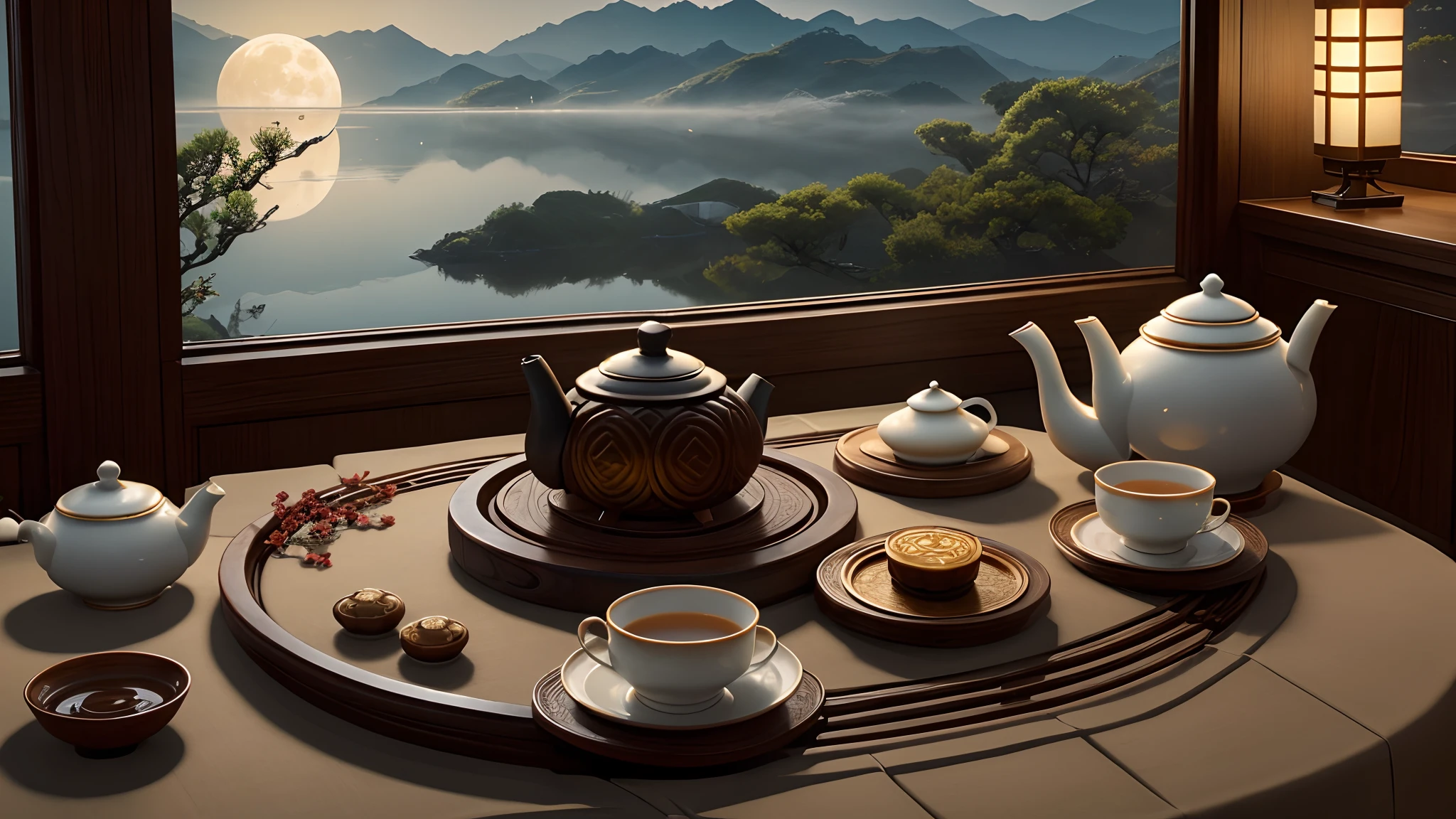 (best quality,4k,highres,masterpiece:1.2),ultra-detailed,realistic,photorealistic:1.37,moon cake,tea,tea pot,a cup of tea,table,natural light,crisp details,Chinese tea set,delicate patterns,bright colors,moonlit night,autumn scenery,indoor setting,traditional Chinese painting style,serene atmosphere,rich texture,harmony and balance,subtle shadows and highlights,soft brushstrokes,reflections on the tea surface,mysterious ambiance,detailed texture of the moon cake,steaming hot tea vapor,soothing warmth,aesthetic arrangements,tablecloth with delicate embroidery,wooden table with intricate carvings,tranquil garden through the window,faint sound of falling leaves,column of sunlight streaming in,elegantly arranged moon cake slices,fragrant aroma of the tea,subtle glow of moonlight,fine porcelain tea cup,graceful tea pouring,serene beauty of the moon.