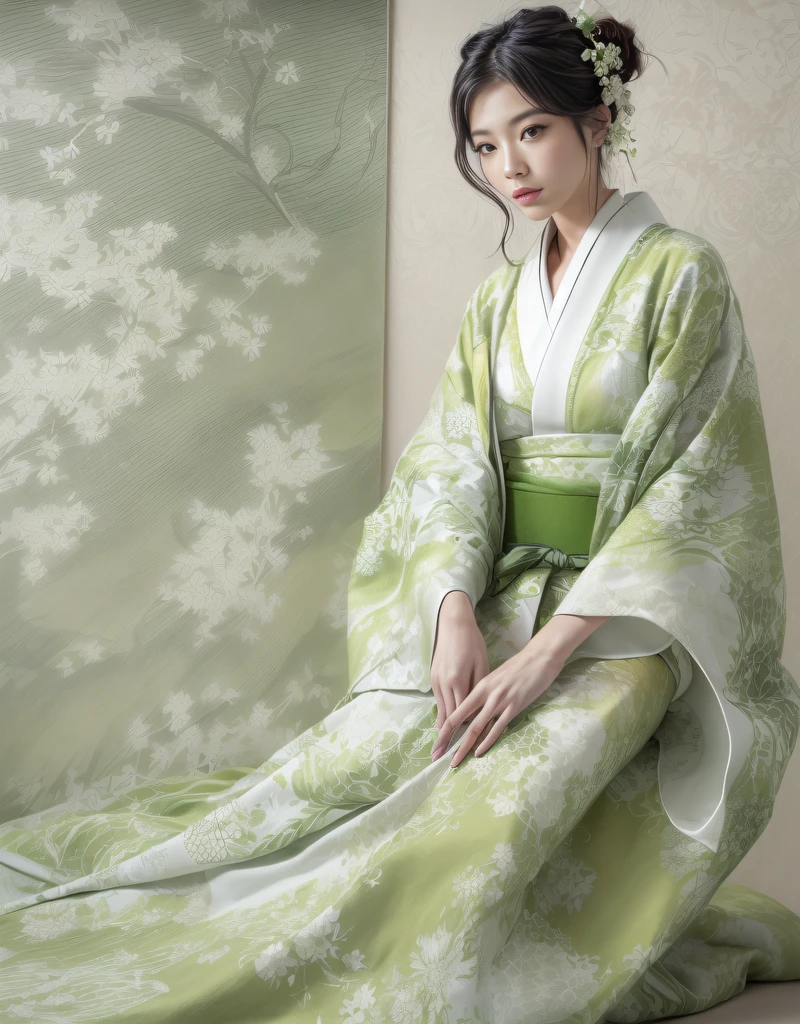 (Beautiful model in Japanese kimono commercial), (solo), ((face is 70% beauty and elegance, 30% pretty and cute:1.5)), (Her roots are in Eastern Europe and Asia), clear eyes, (detailed eyes, light green eyes, bright pupils), Double Eyelids, (sexy lips with a little thickness:1.2), super detailed and incredibly high resolution Kimono, Highly Detailed Face Texture, striking body shape, curvy and very attractive woman, The color of the kimono is 65% white and 35% matcha-green, high-resolution RAW color photo pro photo, BREAK ultra high-resolution textures, High-res body rendering, big eyes, unparalleled masterpiece, incredible high resolution, super detailed, stunning ceramic skin, BREAK (Wearing a white kimono with plenty of bright matcha green color), (The main color is gentle white, the bright matcha green stands out, and black is used as an accent), (elaborately made classical Japanese white kimono), ((The pattern is boldly, bravely, and elegantly dyed with bright matcha green, and is delicately accented)), (A black obi that matches this kimono), ((A white kimono with delicate and elegant patterns in bright matcha green)), (The background is a dry landscape created with bright matcha green and black) BREAK ((Best Quality, 8k)), Crisp Focus:1.2, (Layer Cut, Big:1.2), (Beautiful Woman with Perfect Figure:1.4), (Beautifully shaped and big breasts:1.3), Slender waist, (Correct hand shape:1.5), (Full body shot | cowboy shot | back view)
