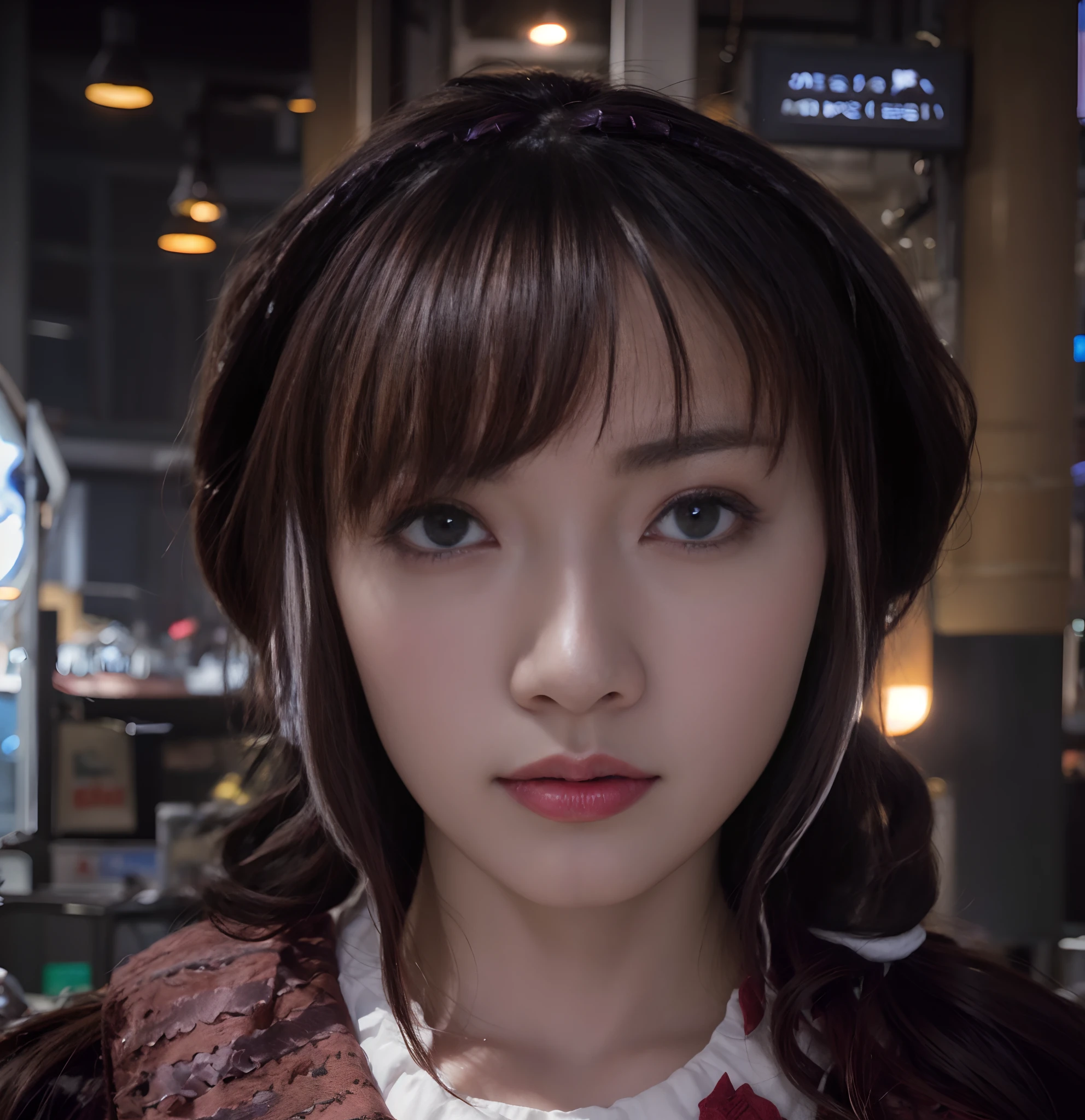 Top Quality, Masterpiece, Ultra High Resolution, (Photorealistic: 1.4), Raw Photo, 1 Girl, Black Hair, Glossy Skin, 1 Mechanical Girl, (Ultra Realistic Detail)), Portrait, Global Illumination, Shadows, Octane Rendering, 8K, Ultra Sharp, Big, Cleavage Exposed Raw Skin, Metal, Intricate Ornament Details, Japan Details, Very intricate details, realistic light, CGSoation trend, purple eyes, glowing eyes, facing the camera, neon details, mechanical limbs, blood vessels connected to the tube, mechanical vertebrae attached to the back, mechanical cervical attachment to the neck, sitting, wires and cables connecting to the head, gundam, small LED lamps,