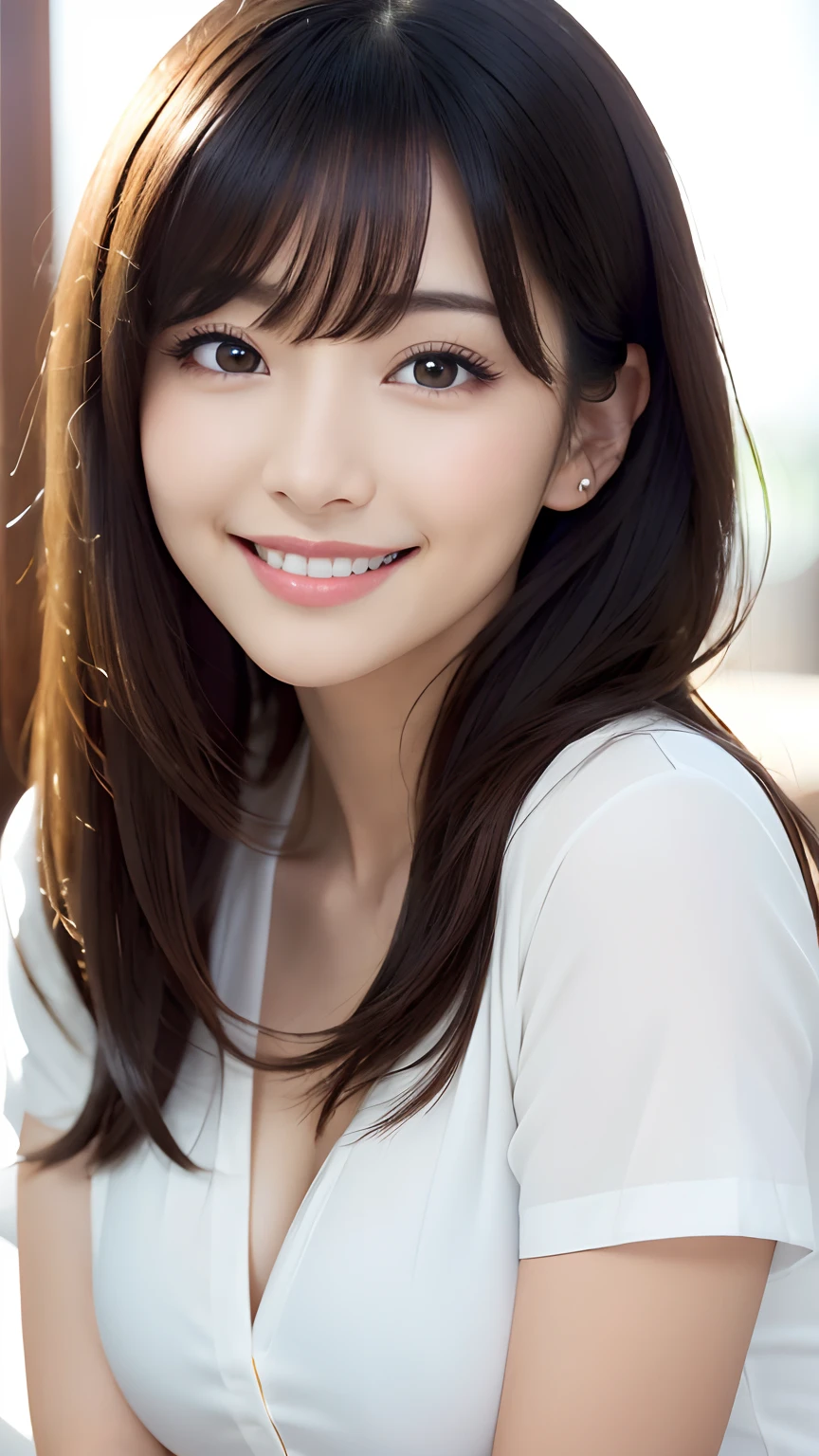 (8K, 超A high resolution, Best Quality, masutepiece:1.2)、(huge smile)、8K、a japanese girl、超A high resolution、top-quality、(1girl in:1.7)、 (Natural Skin Texture、Detailed skin、Hyper-Realism、ultra sharpness)、intricate detailes、depth of fields、adult lady、((​masterpiece、top-quality、high-detail))、((Photorealsitic:1.4))、独奏、closes mouth、Happy smile、Smile happily、pretty black hair、big eye、Distinct double eyelids、Lashes、Hide ears、long neck、Absolute area、Clean collarbone、face perfect、bangss、Clean bangs、Beautiful bangs、thin lips、White-colored skin、a small face、Smaller face、Draw all the heads、(gazing at viewer、Highlights in the eyes、Light brown eyes、Pinclip Gloss)、high-heels、portlate、Perfect Angle Pro Quality High Resolution Perfect Contrast Perfect Lighting Perfect Composition Perfect Wife Perfect Skin Perfect Hands Perfect Fingers Perfect Chest Perfect Hair Perfect Face Realistic Facial Feature Masterpiece、(Bold poses:1.5)、(White Y-shirt:1.2)、constricted hips、hiding breast、Small breasts