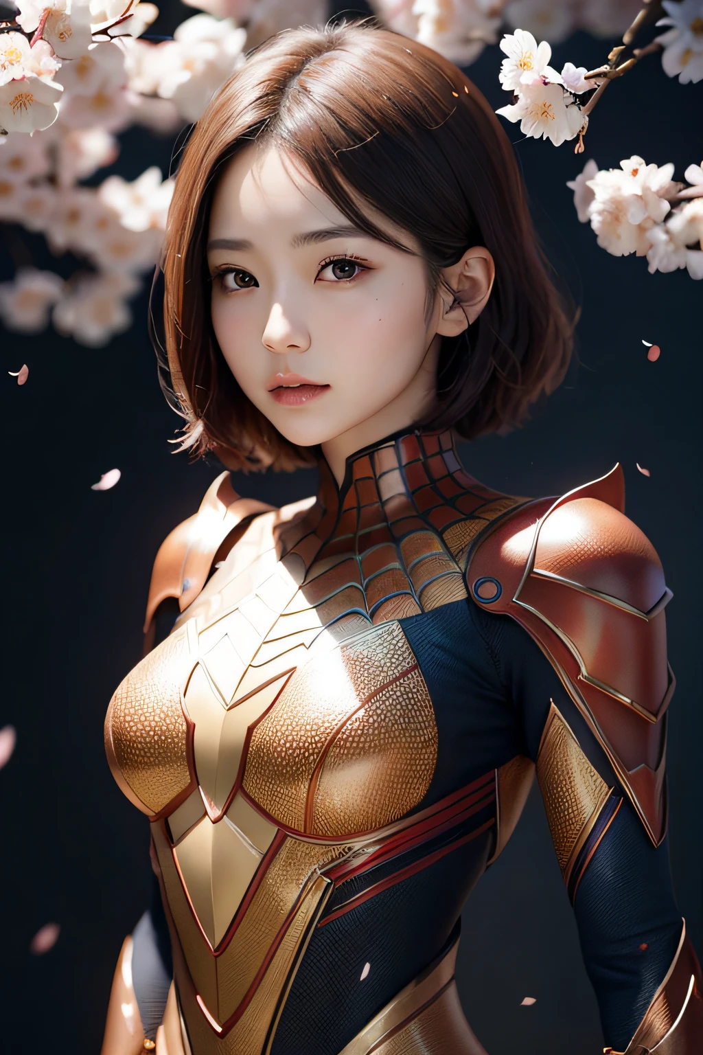 beautiful japanese young woman, wearing spiderman armor made of honey, thick symmetrical features, very short hair, background is cherry blossoms, pink aura, red lips, octane render,