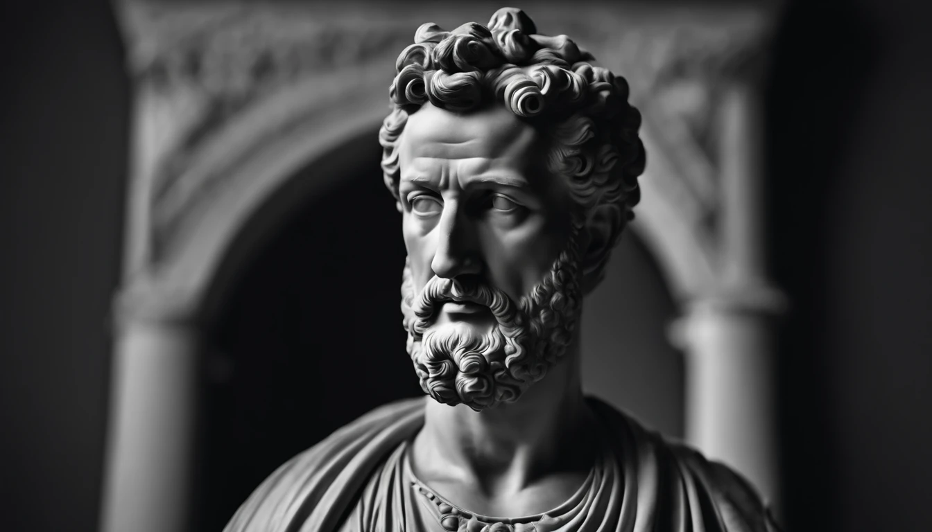 a portrait statue of the stoic Marcus Aurelius in black and white 4K,Face de lado, papel de parede super realista,homem forte,musculoso