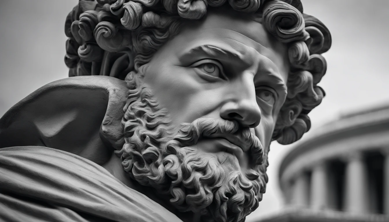 a portrait statue of the stoic Marcus Aurelius in black and white 4K,Face de lado, papel de parede super realista,homem forte,musculoso