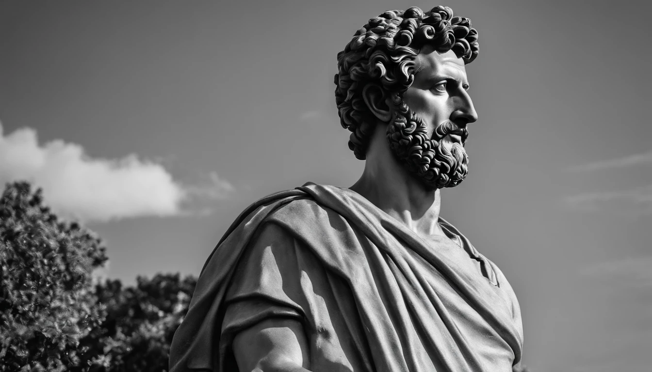 a portrait statue of the stoic Marcus Aurelius in black and white 4K,Face de lado, papel de parede super realista , sem camisa, Sintura,corpo forte,strong upper arms,