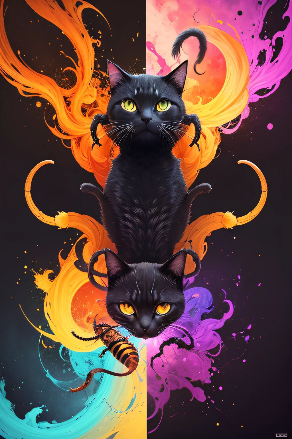 Create an image of a merged being of a cat and scorpion in a psychedelic atomic environment