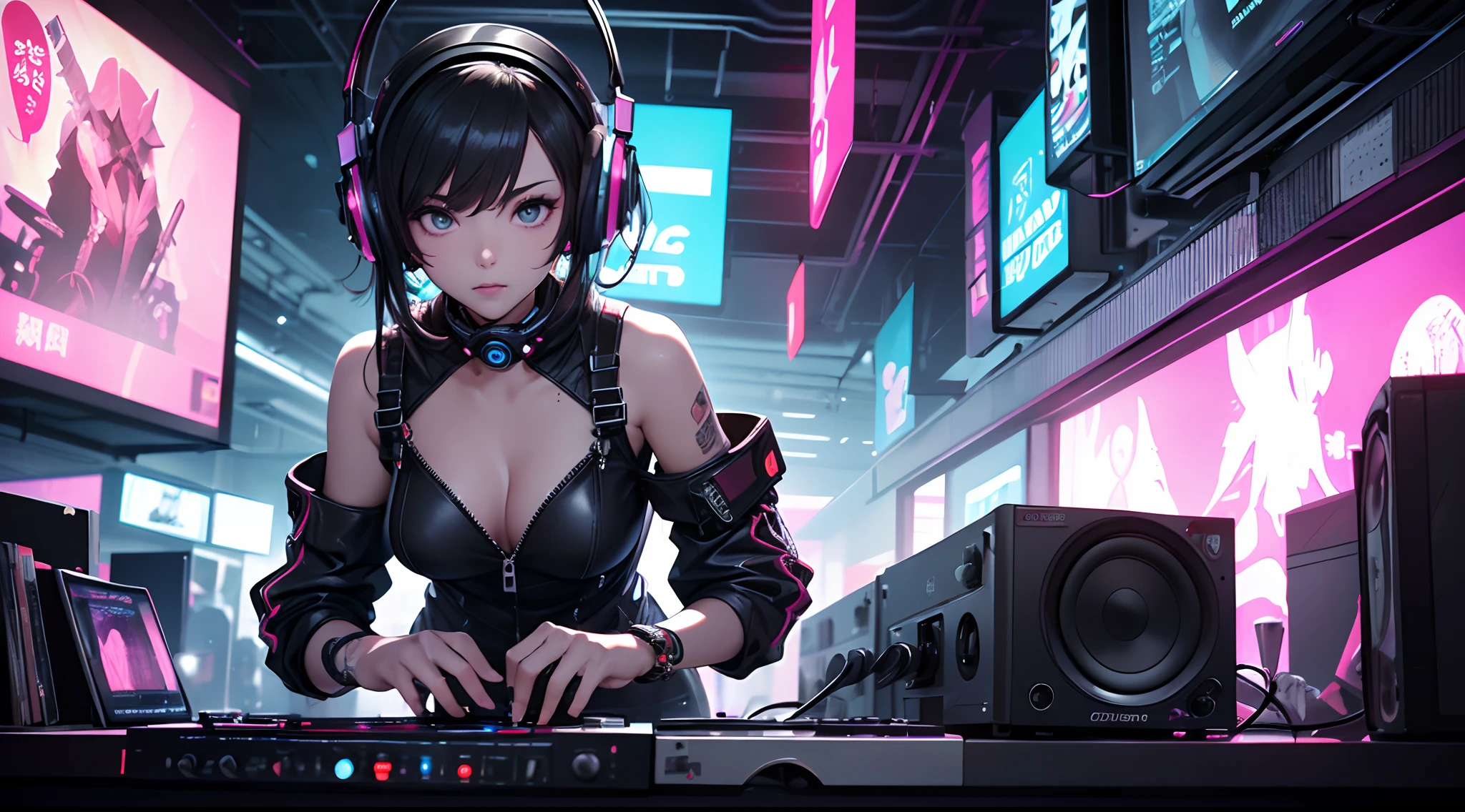 (masterpiece),((top-quality)),(offcial art),(Beautiful and indulgent:1.2),(1girl in:1.3),Face peel the front,Small breasts,((Black-haired beauty)),breasts are small、BREAK,((DJ Equipment)),((headphones)),Beautiful DJ woman with cyberpunk image,((DJ Touch Mixer)),Detailed drawing。Vibrant colors。colourfull、highestdetailed ((ultra-detailliert)),(Highly detailed 2D illustrations),((Extremely delicate and beautiful))Super Detail, A beautiful girl DJ wears a vinyl record player on a sci-fi DJ table,cyberpunk, (The upper part of the body:1.2), In a lively discotheque,Punk girl, neon ring in background, cyberpunk art style, cyberpunk style, cyberpunk style, cyberpunk character, hyper-realistic cyberpunk style, cyberpunk color, powerful lighting, motion synchronization, dynamism, charged energy, hot action