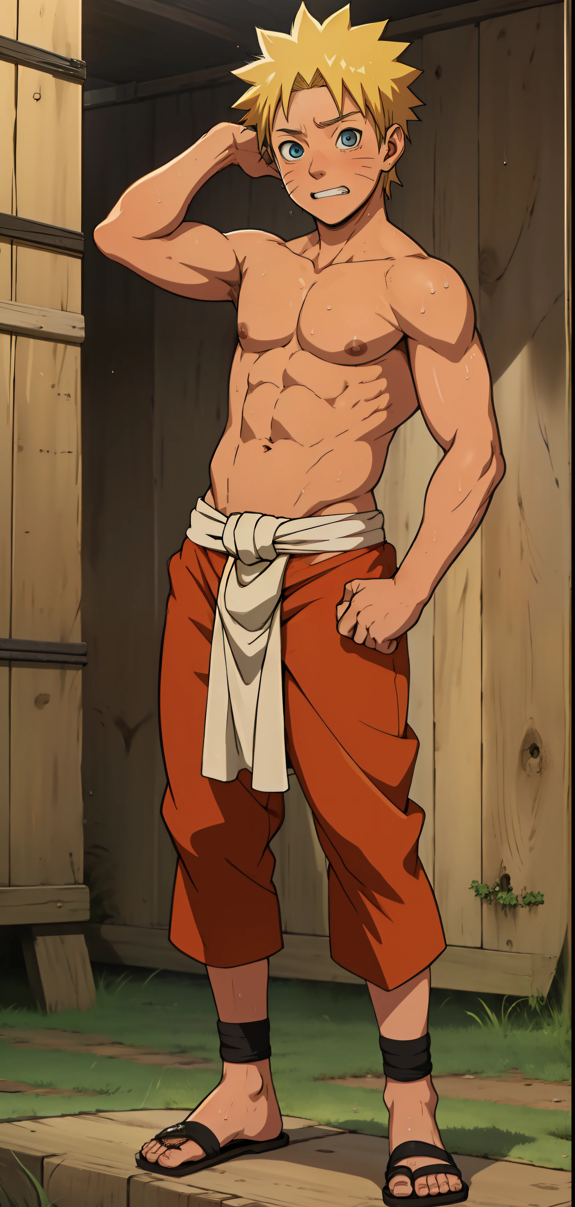 ( full body )  (photo angle from bottom up) Uzumaki Naruto,13 years old,  cute baby face, solid body, sweat flowed profusely,stand straight in a comfortable position  , topless, shirtless, the boy was shy and blushed,tanned skin, rosy skin, red skin, sunny, only wear short loincloths  ,the loincloth bulges due to the erect male genitals, strong thigh muscles