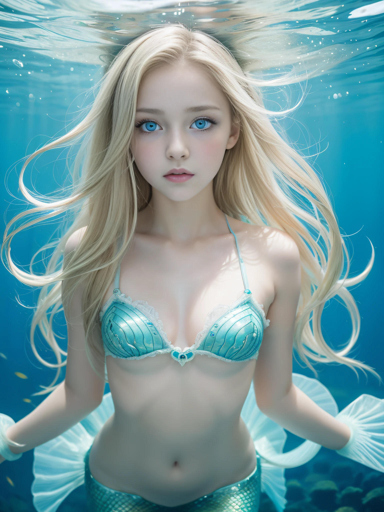 8K、Girl dressed as a mermaid Underwater - Sea、Mermaid Girl、16-year-old Russian beauty girl、a baby face、drooing eyes、Very light platuna blonde hair、Light blue eyes、nffsw