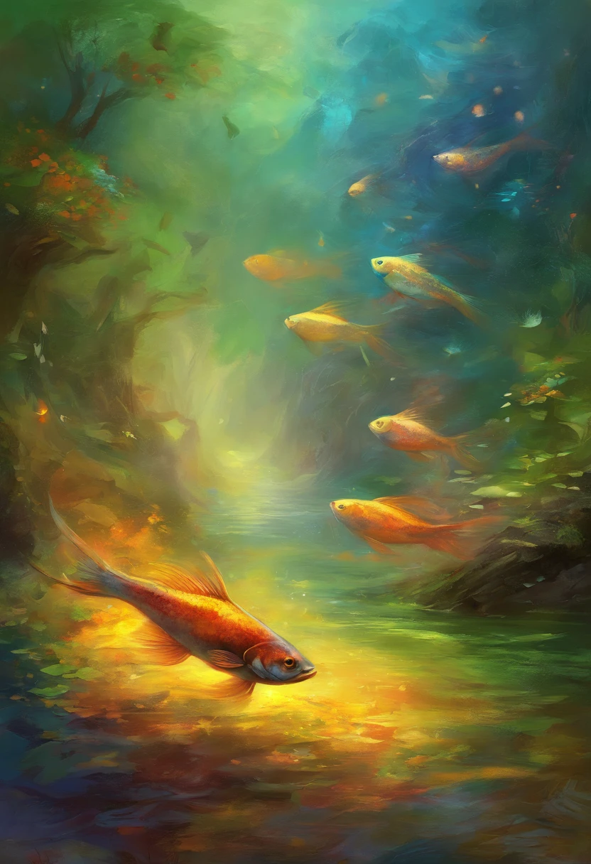 Create an impressionistic painting with the head of a fish, (olhando para a frente) , Sober, (fundo preto), UHD 8k, Very high quality for excellent printing. Lighting that highlights the figure in relation to the background, cores verde, amarelo e vermelho, artistico, intrincado