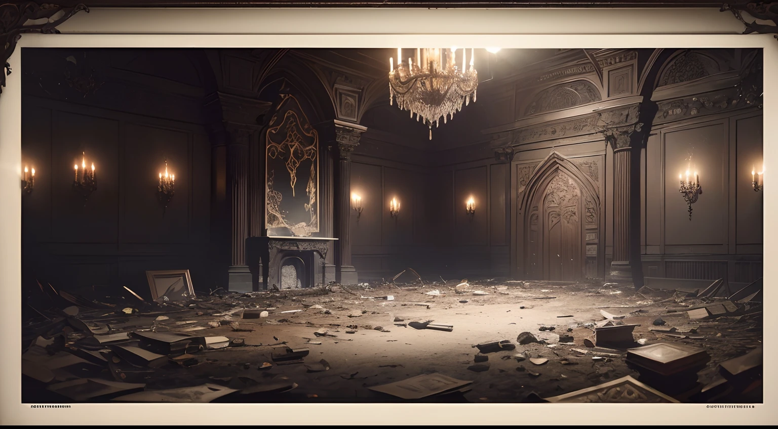 ((photo)), ((best quality)), ((masterpiece)), ((detailed)), ((cinematic), ((captured from eye level)), a dark gothic and creepy professional photo backdrop with lots of ornate stonework and a large room filled with debris and dead and rotten foliage, particle swirling, small room with a lot of things inside.