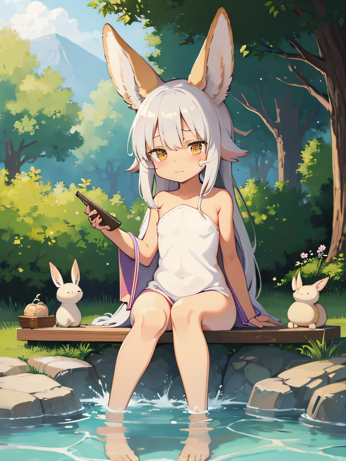Nanachi and Riko taking a foot bath、fullnude、Towel on the head、Relaxed face