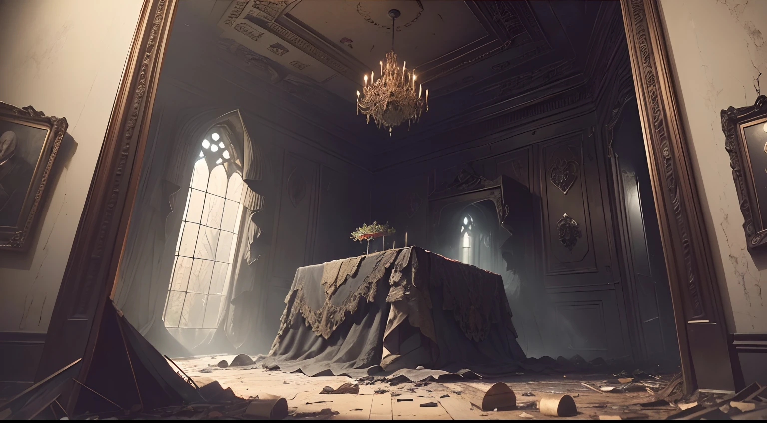 ((photo)), ((best quality)), ((masterpiece)), ((detailed)), ((cinematic), ((captured from eye level)), a dark gothic and creepy professional photo backdrop with lots of ornate stonework and a large room filled with debris and dead and rotten foliage, particle swirling, small room with a lot of things inside.