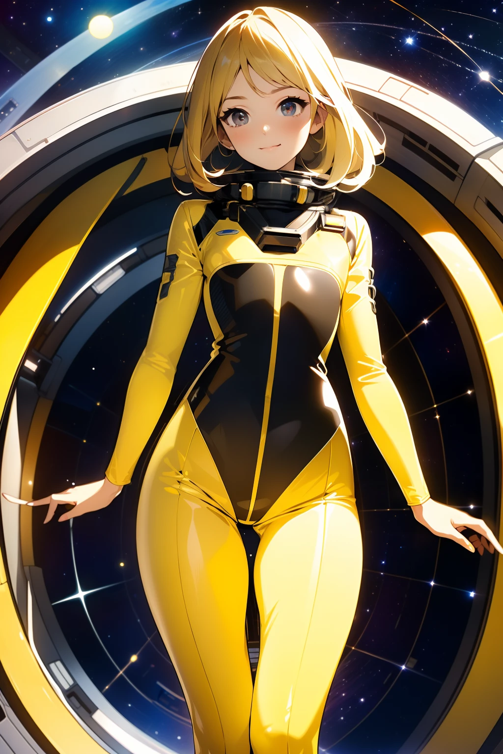 (masterpiece, best quality:1.2), (cowboy shot:1.1), solo, 1girl, mori yuki, slight smile, closed mouth, looking at viewer, blonde hair, thigh gap, yellow bodysuit, skin-tight, perfect body, belt, large window, (starship porthole:1.3), from front, (spread legs:1.3), (standing:1.1), thigh gap, perfect hands, bright starship interior, (outer space view:1.1), (orbital view:1.3), (night, stary sky:1.5), milky way