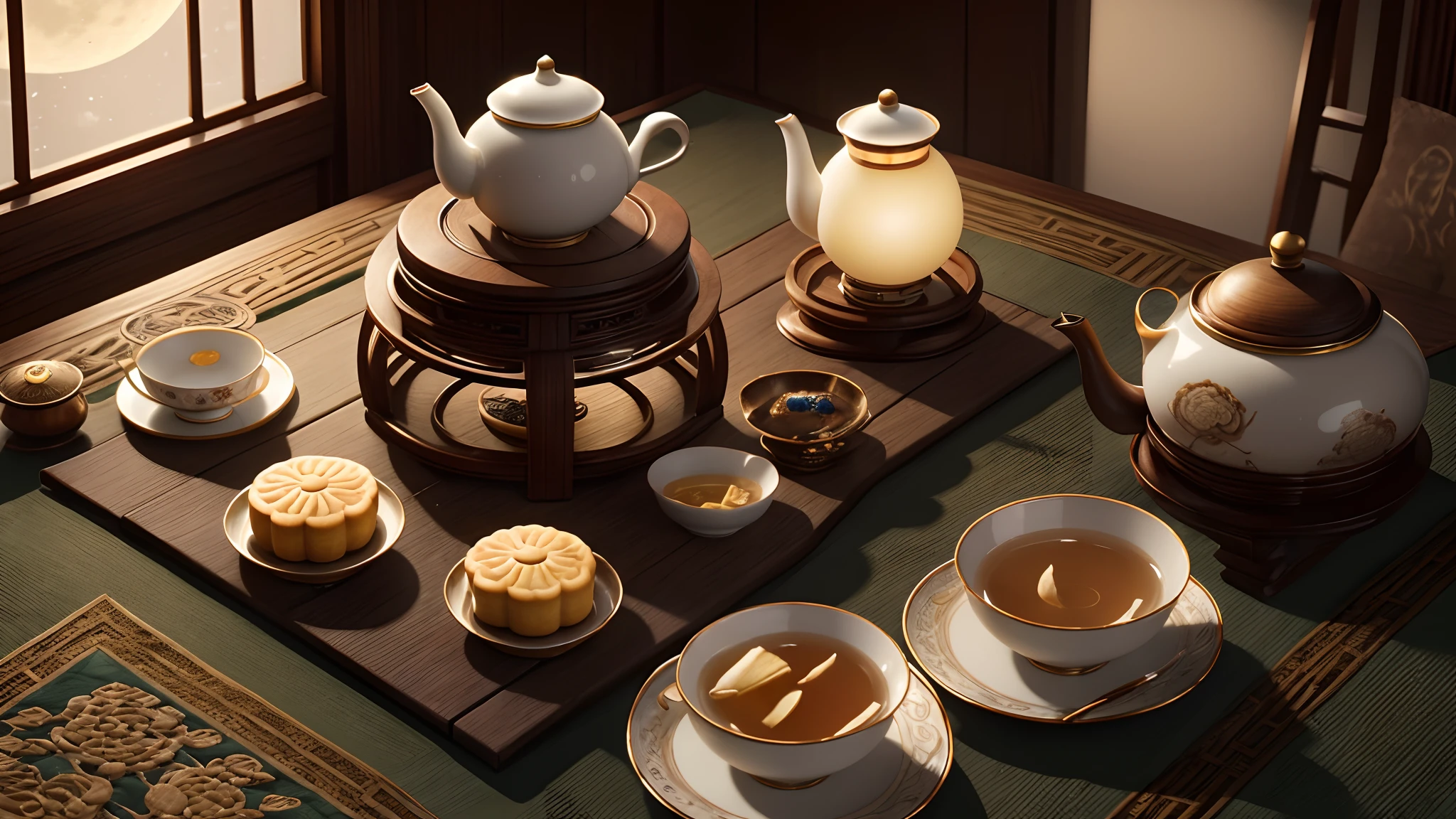 (best quality,4k,highres,masterpiece:1.2),ultra-detailed,realistic,photorealistic:1.37,moon cake,tea,tea pot,a cup of tea,table,natural light,crisp details,Chinese tea set,delicate patterns,bright colors,moonlit night,autumn scenery,indoor setting,traditional Chinese painting style,serene atmosphere,rich texture,harmony and balance,subtle shadows and highlights,soft brushstrokes,reflections on the tea surface,mysterious ambiance,detailed texture of the moon cake,steaming hot tea vapor,soothing warmth,aesthetic arrangements,tablecloth with delicate embroidery,wooden table with intricate carvings,tranquil garden through the window,faint sound of falling leaves,column of sunlight streaming in,elegantly arranged moon cake slices,fragrant aroma of the tea,subtle glow of moonlight,fine porcelain tea cup,graceful tea pouring,serene beauty of the moon.