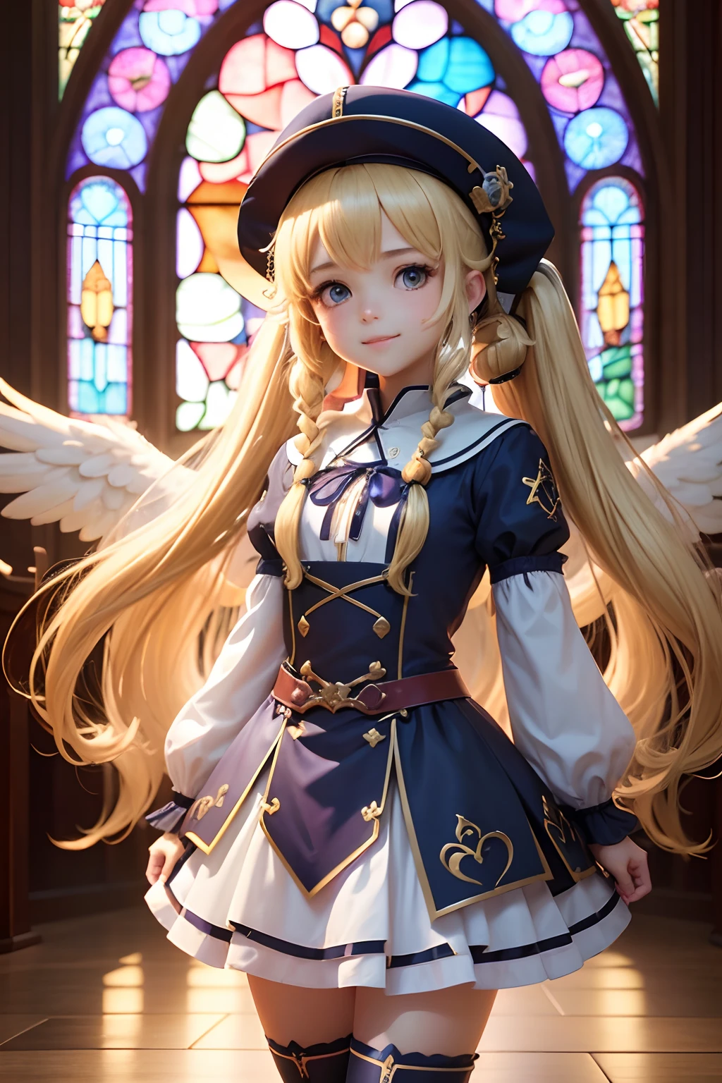 (1girl in),( absurdly , High quality , ultra-detailliert ),(Summer in the morning),(masutepiece),(Stained Glass Church),(Long-haired blonde twintails),(Blue Cleric Robe),Clergy's hat,(Cute 3D anime petite girl rendering),Super Detailed Beautiful Girl,Solemn pose,Laughing,watching at viewers,Wearing long boots,Has big angel wings,Halo,heart mark, Full body portrait, Perfect face and nice perfect face, Surreal concept, 8K resolution, photographic quality,long skirt