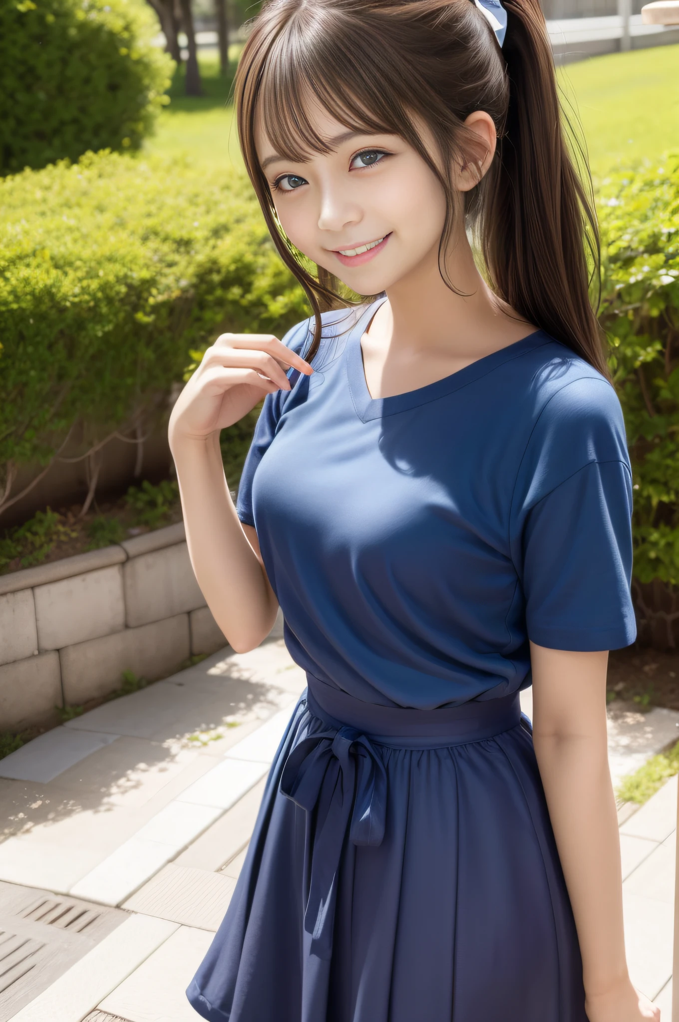 One lady, poneyTail, Smiling smile, Brown hair、azure eyes、Large ribbon、