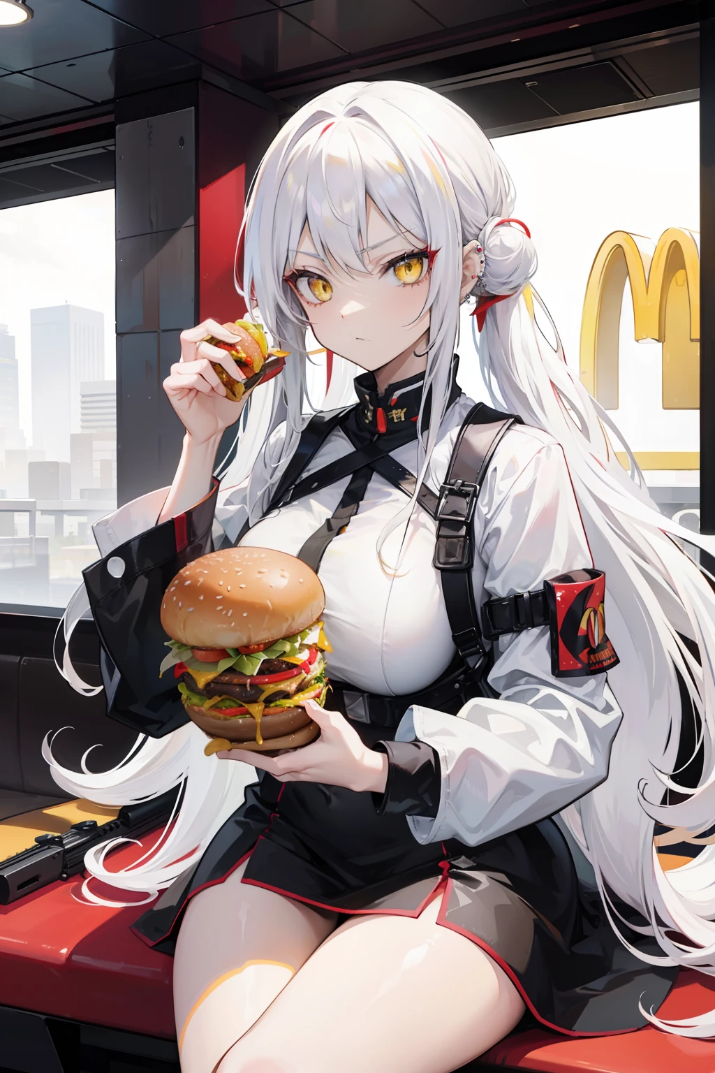 Anime girl, long white hair, beautiful piercing yellow eyes, fierce expression, mature, at mcdonalds eating a burger with a huge rifle in the background leaning against the wall, 8k, high resolution