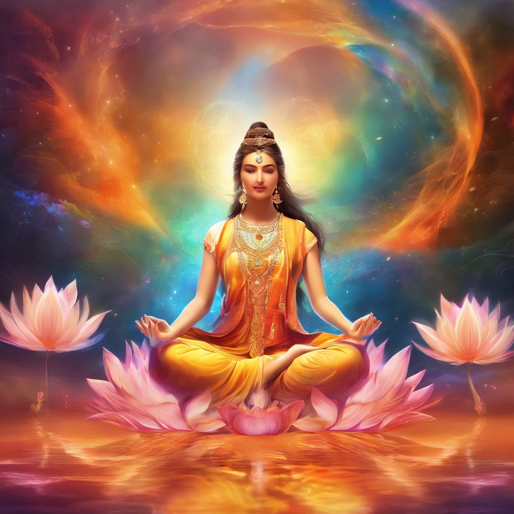 Yoga's positional light spectrum with seven chakras around, Vivrante Colors Color Rush Color Explosion, Beautiful white woman sitting on water lily, complex stuff around, Complex background, spiritual, divine, Dreams, cosmic, Blowing the Mind, god, Pineal gland, Dreams like, (Highly detailed CG Unity 16k wallpaper:1.1), (Denoising strength: 1.45), (tmasterpiece:1.37), Hyper realistic, god rays, Ray tracing, nffsw, awardwinning