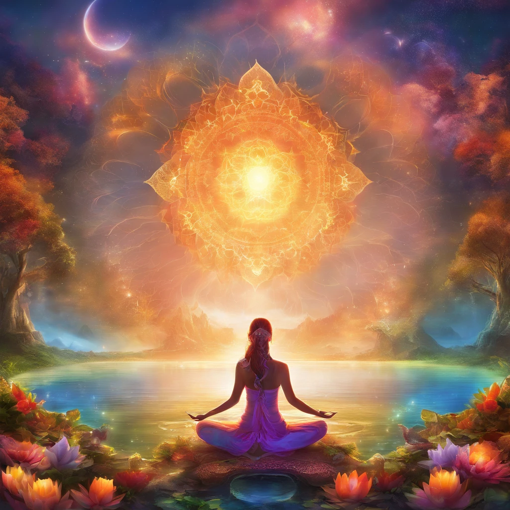 Yoga's positional light spectrum with seven chakras around, Vivrante Colors Color Rush Color Explosion, Beautiful white woman sitting on water lily, complex stuff around, Complex background, spiritual, divine, Dreams, cosmic, Blowing the Mind, god, Pineal gland, Dreams like, (Highly detailed CG Unity 16k wallpaper:1.1), (Denoising strength: 1.45), (tmasterpiece:1.37), Hyper realistic, god rays, Ray tracing, nffsw, awardwinning