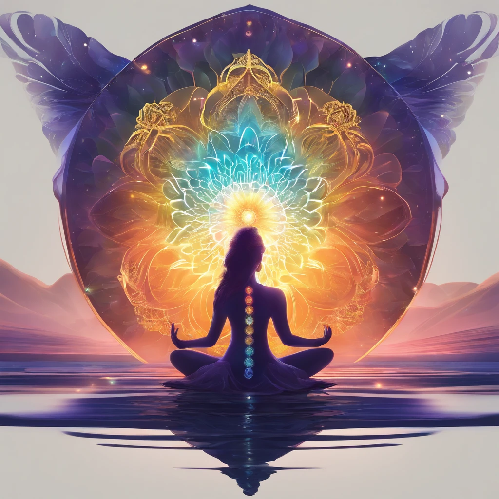 Yoga's positional light spectrum with seven chakras around, Vivrante Colors Color Rush Color Explosion, Beautiful white woman sitting on water lily, complex stuff around, Complex background, spiritual, divine, Dreams, cosmic, Blowing the Mind, god, Pineal gland, Dreams like, (Highly detailed CG Unity 16k wallpaper:1.1), (Denoising strength: 1.45), (tmasterpiece:1.37), Hyper realistic, god rays, Ray tracing, nffsw, awardwinning