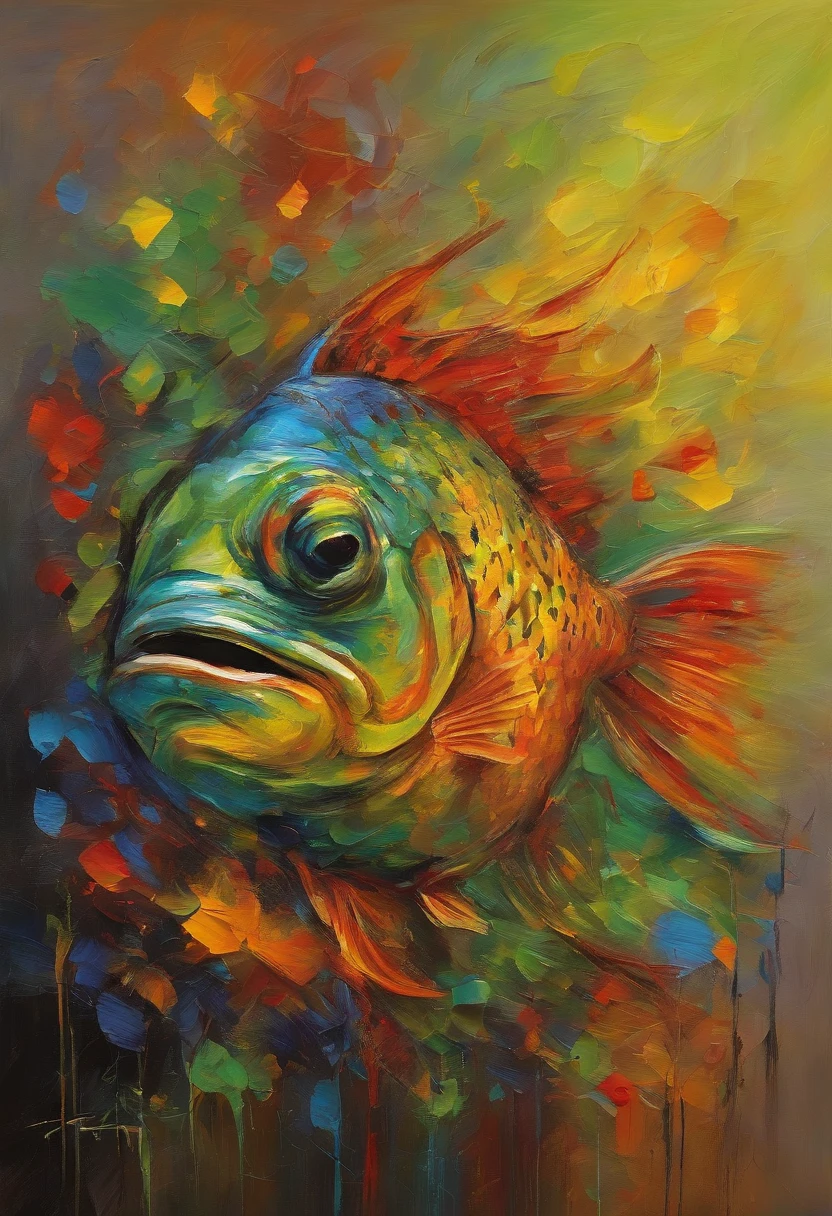 Create an impressionistic painting with the head of a fish, (olhando para a frente) , Sober, (fundo preto), UHD 8k, Very high quality for excellent printing. Lighting that highlights the figure in relation to the background, cores verde, amarelo e vermelho, artistic, intrincado