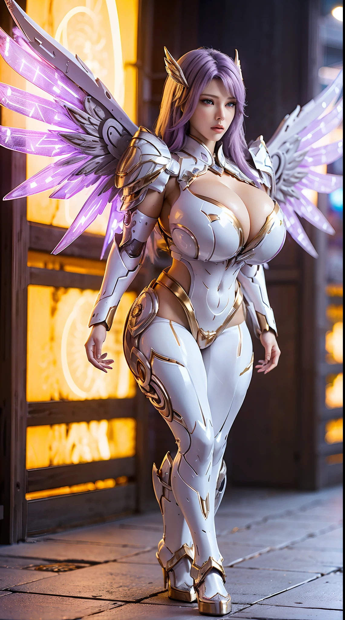 A WOMAN, BEAUTIFULL FACE, HUGE BOOBS, RGB, WHITE, GOLD, PURPLE, MECHA ARMOR FULL GEAR, (SUIT), (CLEAVAGE), (A PAIR LARGEST WINGS), (FULL BODY:1), TRANSPARANT, TALL LEGS, STANDING, SEXY BODY, MUSCLE ABS.