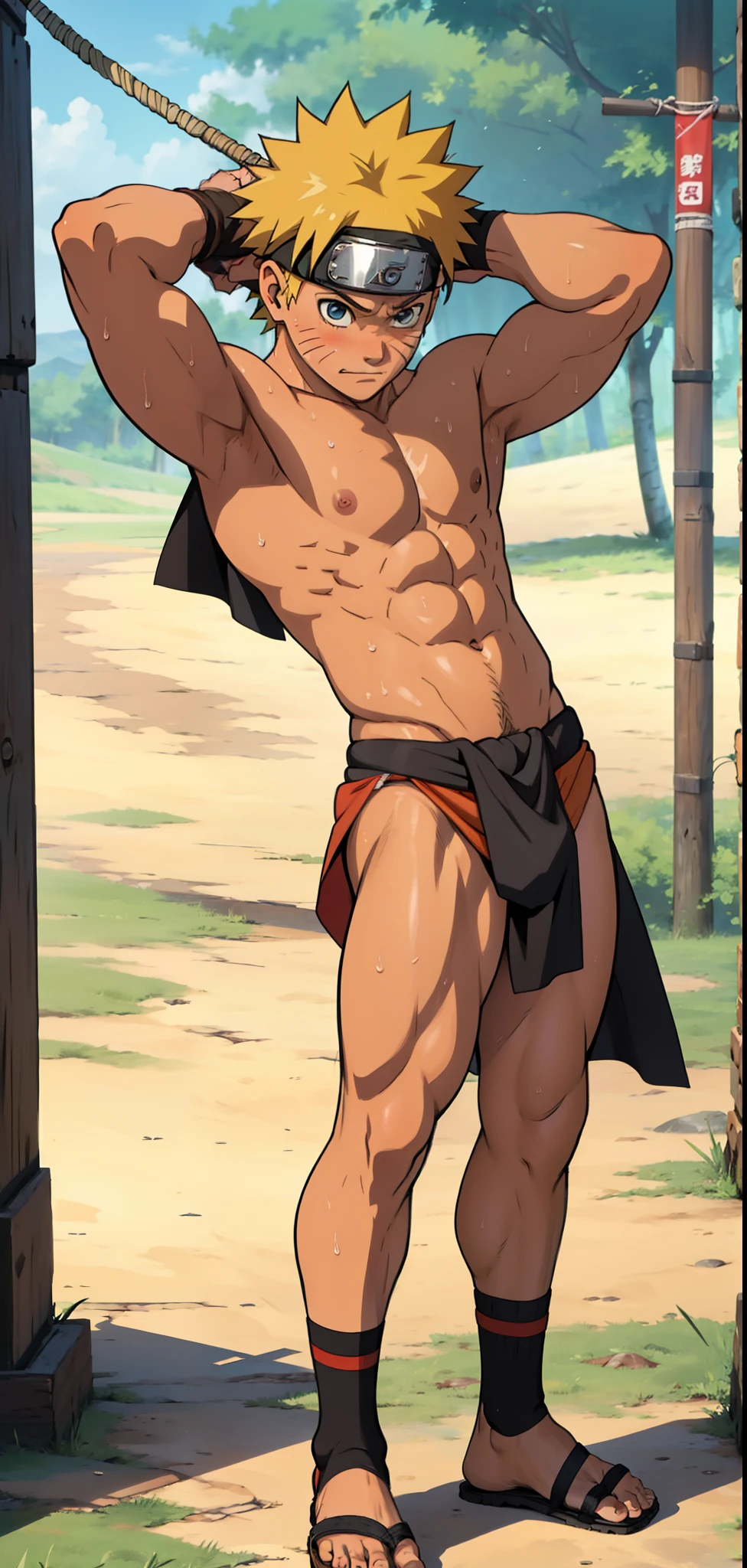( full body ) (photo angle from bottom up) Uzumaki Naruto doesn't wear banners , shy and blushed,, cute baby face, s, sweat flowed profusely,stand straight in a comfortable position , topless, shirtless ,tanned skin, rosy skin, red skin, sunny, only wear short loincloths ,the loincloth bulges due to the erect male genitals, strong thigh muscles