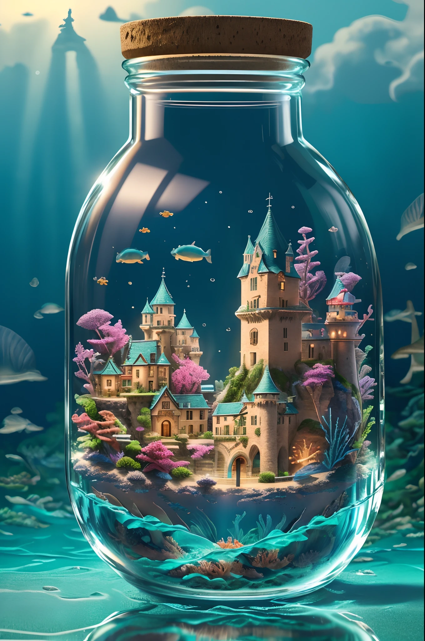 thick glass, weathered, Atmospheric Oliva Lighting, Bottles being swept away by the waves, 8K UHD, Dark Resonance, ultra-detailliert, Vivid colors, epic composition, Octane Rendering, Sharp Focus, Detailed, with an intricate, (reflection, refraction, Caustic: 0.6), (high-resolutionisometric), 16 K, masutepiece,Best Quality,(castle town, Majestic castle, Trapped in a bottle:1.3),high realistic,in a glass bottle,bottles,(sea the background of、reefs,Glass bottle sinking to the bottom of the sea:1.5)、Rocky reefs