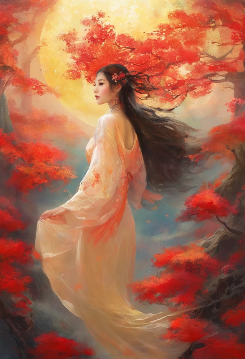 Create impressionist paintings with the Mid-Autumn Festival and National Day, (expecting) , sober, (with black background), UHD 8k, Extremely high quality，Excellent printing results. Highlight the lighting of the graphic associated with the background,red colour, amarelo e vermelho, artistic, 复杂