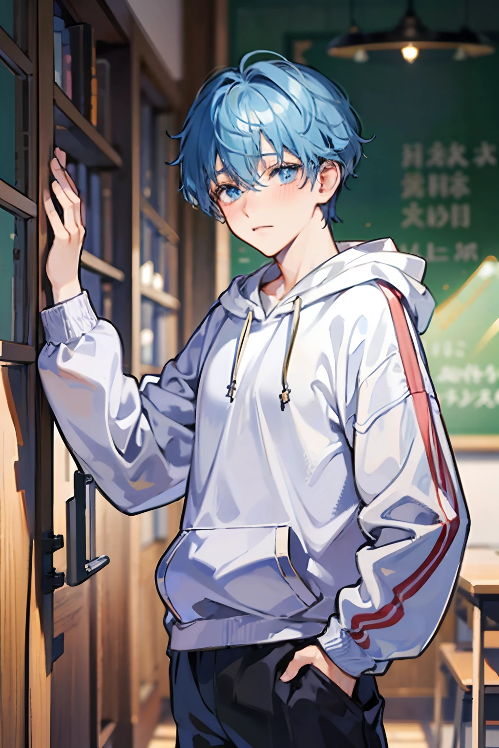 1 boy, young, delicate, light blue hair and eyes, wearing a hoodie and baggy pants, blushing, shy look, waring a bow clip, in a class room