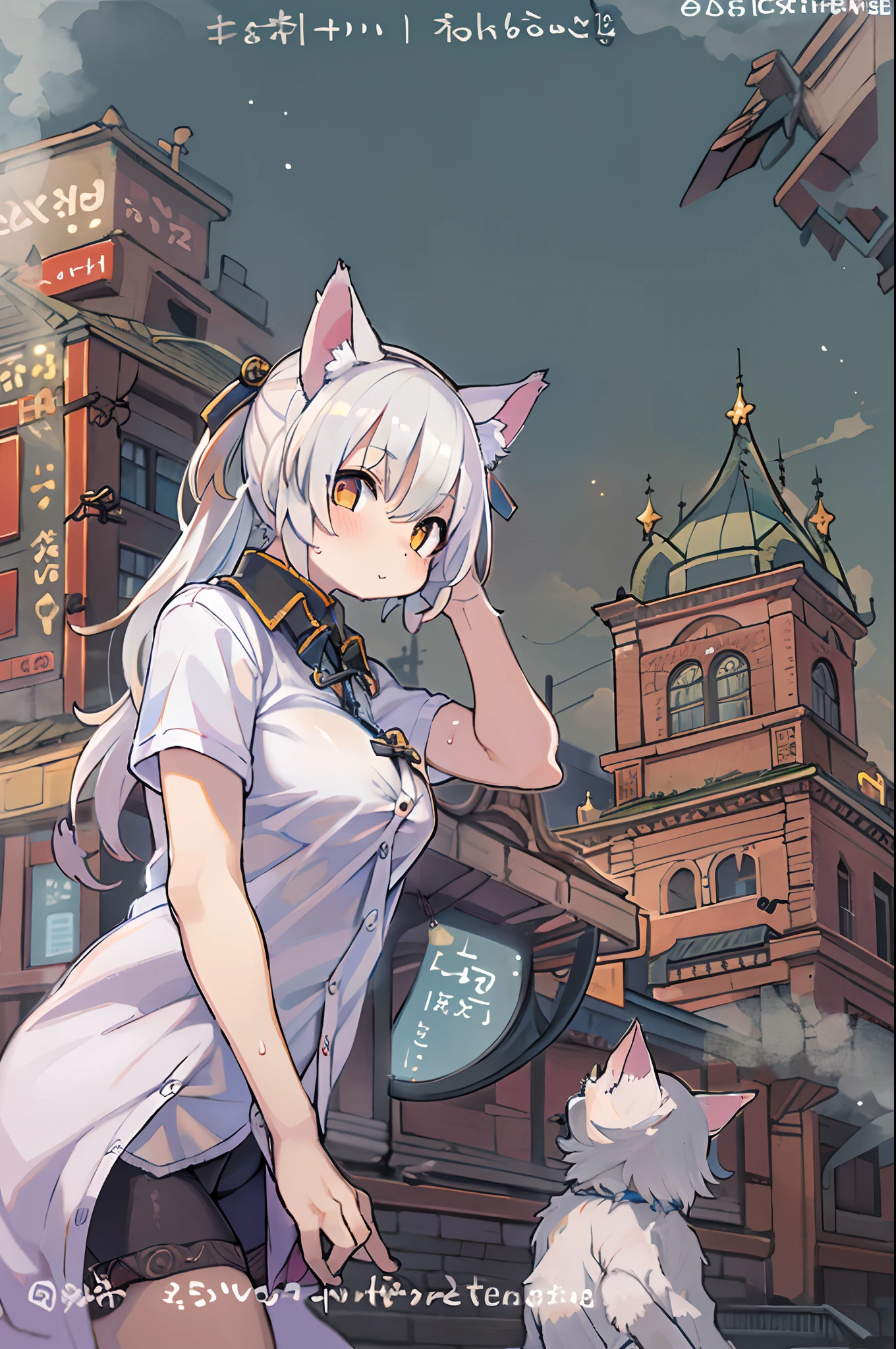 1girl in, Evenya, Looking at Viewer, White hair, Someone, Cat ears, Cat tail, White shirt, Open your clothes, Russia City, Bashiroko