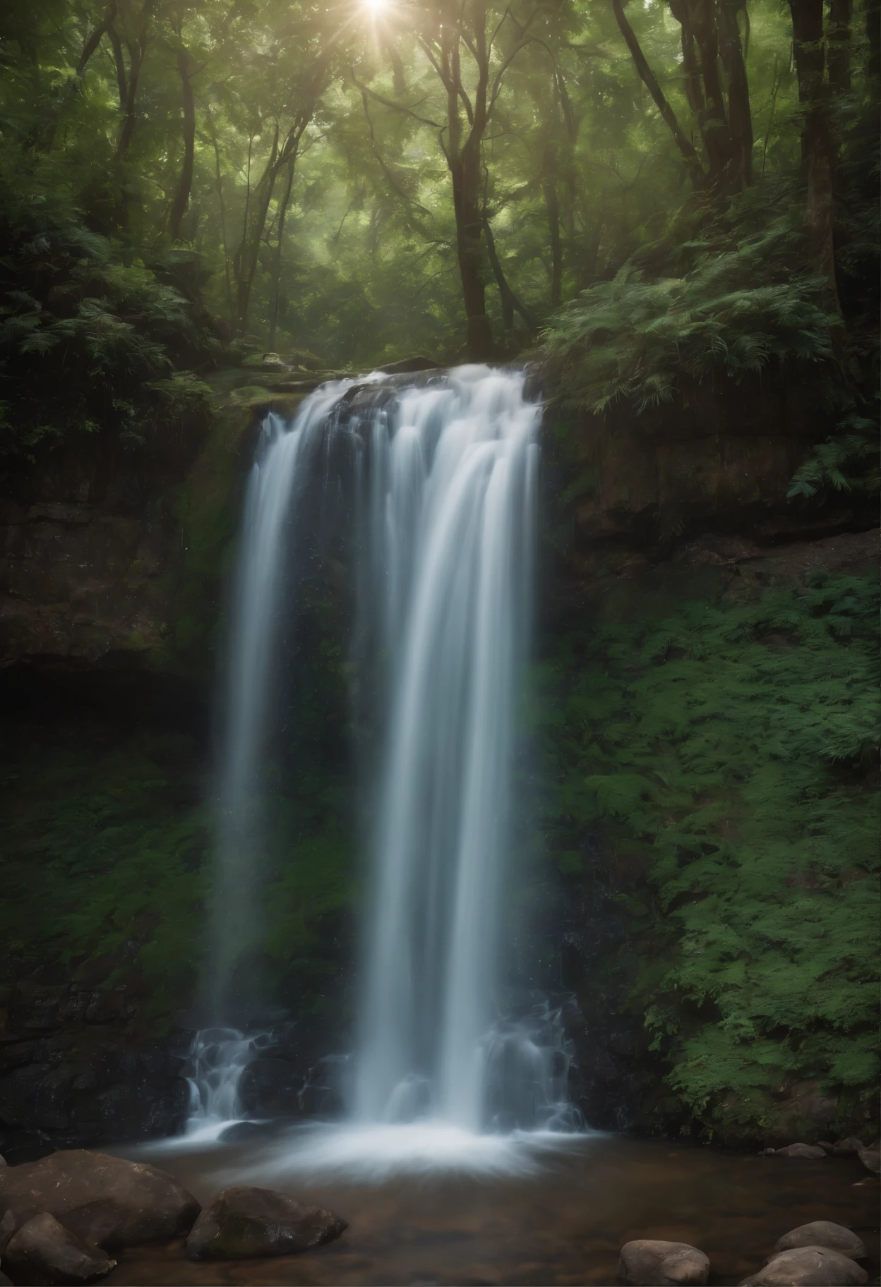 Discover a waterfall in the dark forest、Letting in the light