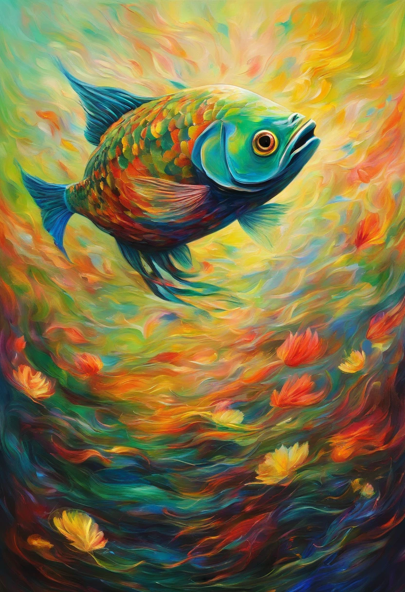 Create an impressionistic painting with the head of a fish, (olhando para a frente) , Sober, (fundo preto), UHD 8k, Very high quality for excellent printing. Lighting that highlights the figure in relation to the background, cores verde, amarelo e vermelho, artistic, intrincado